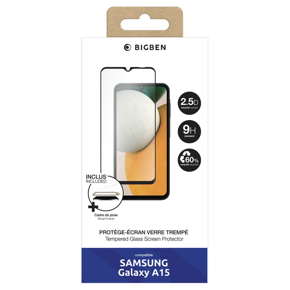 Una scatola di protezione schermo Bigben per Samsung Galaxy A15. Mostra la protezione, con dettagli come 2.5D, 9H resistente e riciclato.