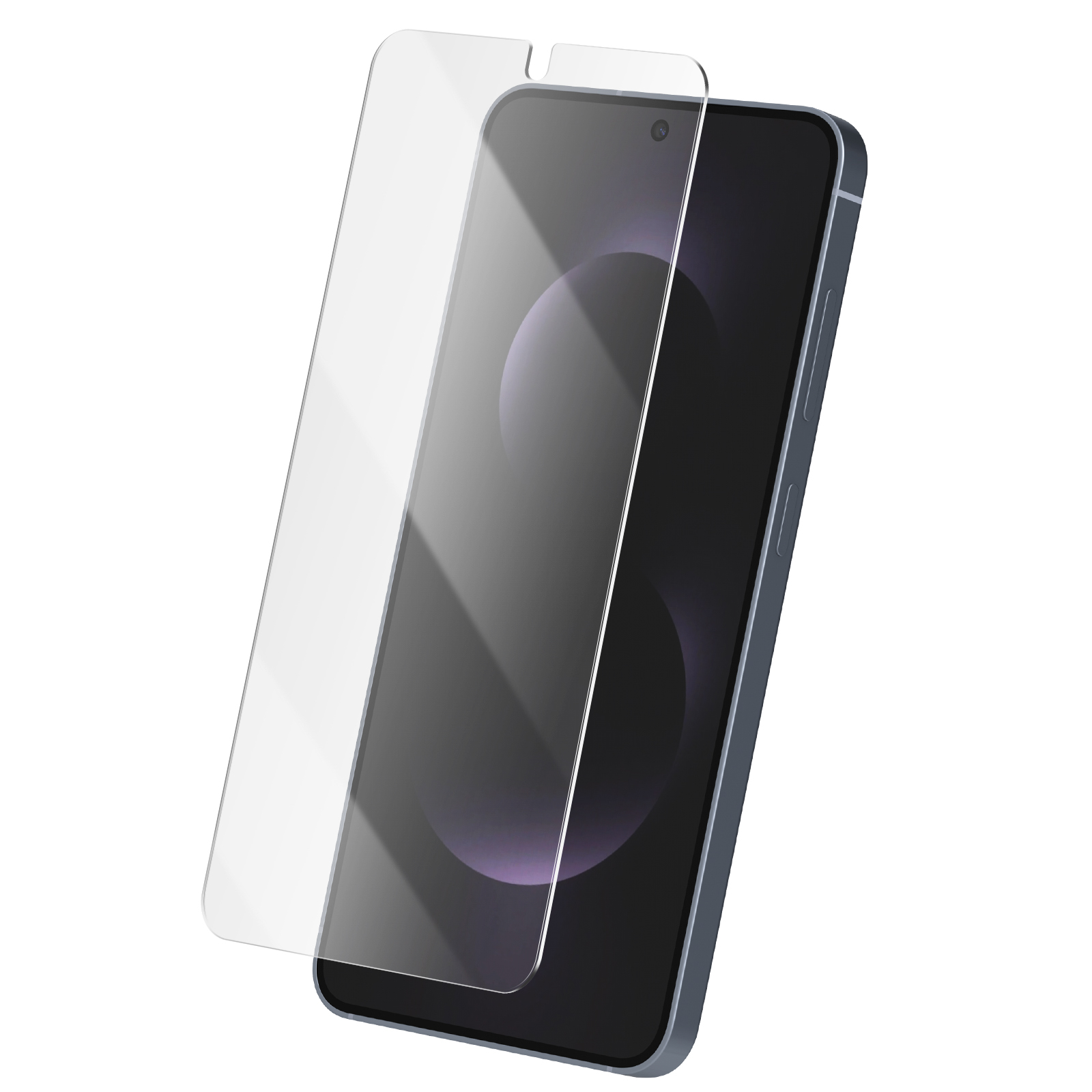 Uno smartphone con una protezione per lo schermo. Il telefono è grigio scuro, la protezione è trasparente. Il telefono è inclinato.