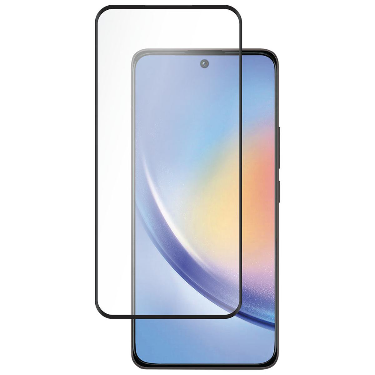 Een smartphone met een schermbeschermer. Het scherm toont een kleurverloop. De beschermer is helder met zwarte randen.
