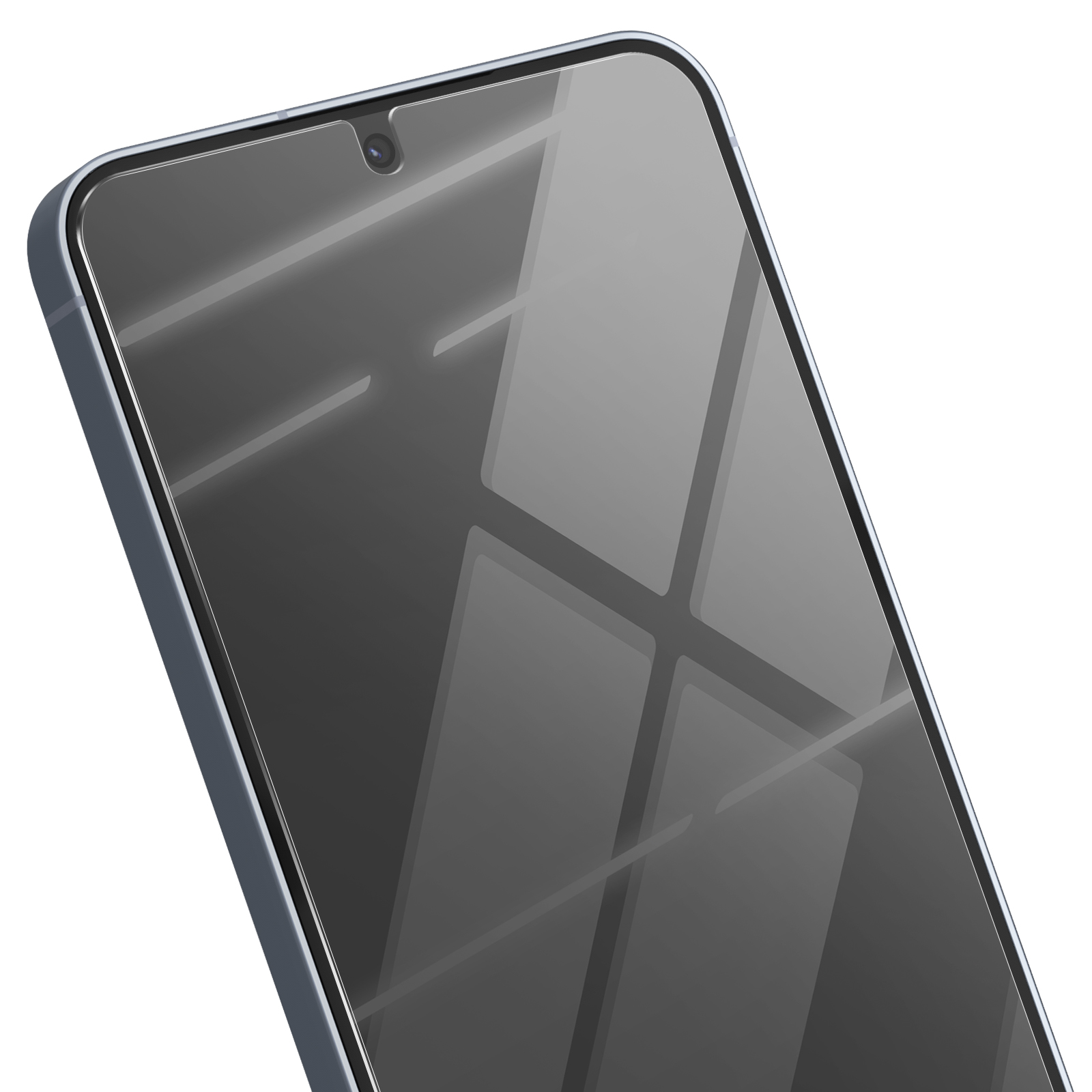 È mostrata una protezione per lo schermo dello smartphone. È grigio scuro e ha un piccolo ritaglio per la fotocamera in alto. Lo schermo riflette la luce.