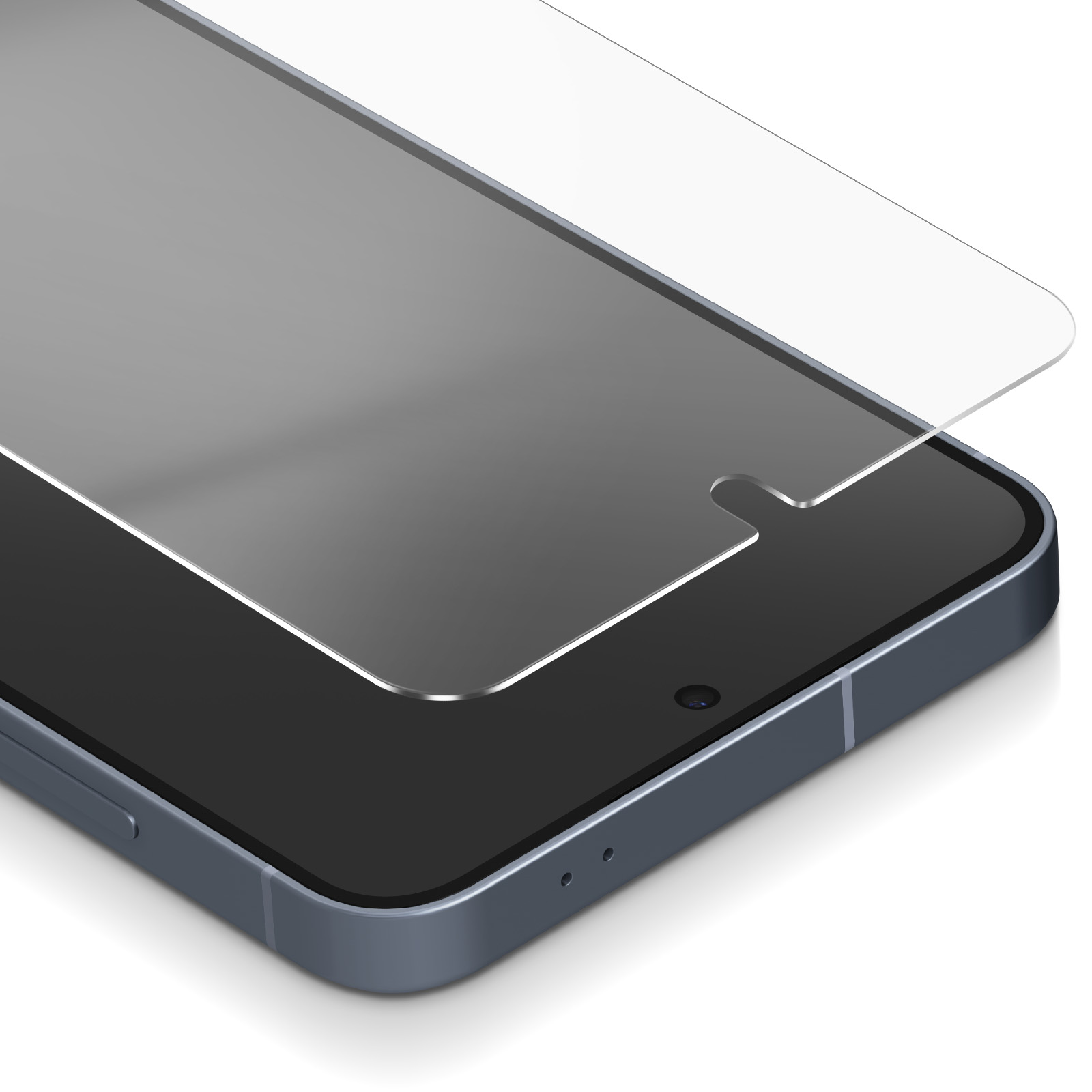 Uno smartphone con una protezione per lo schermo applicata. Il telefono è grigio, la protezione è trasparente.