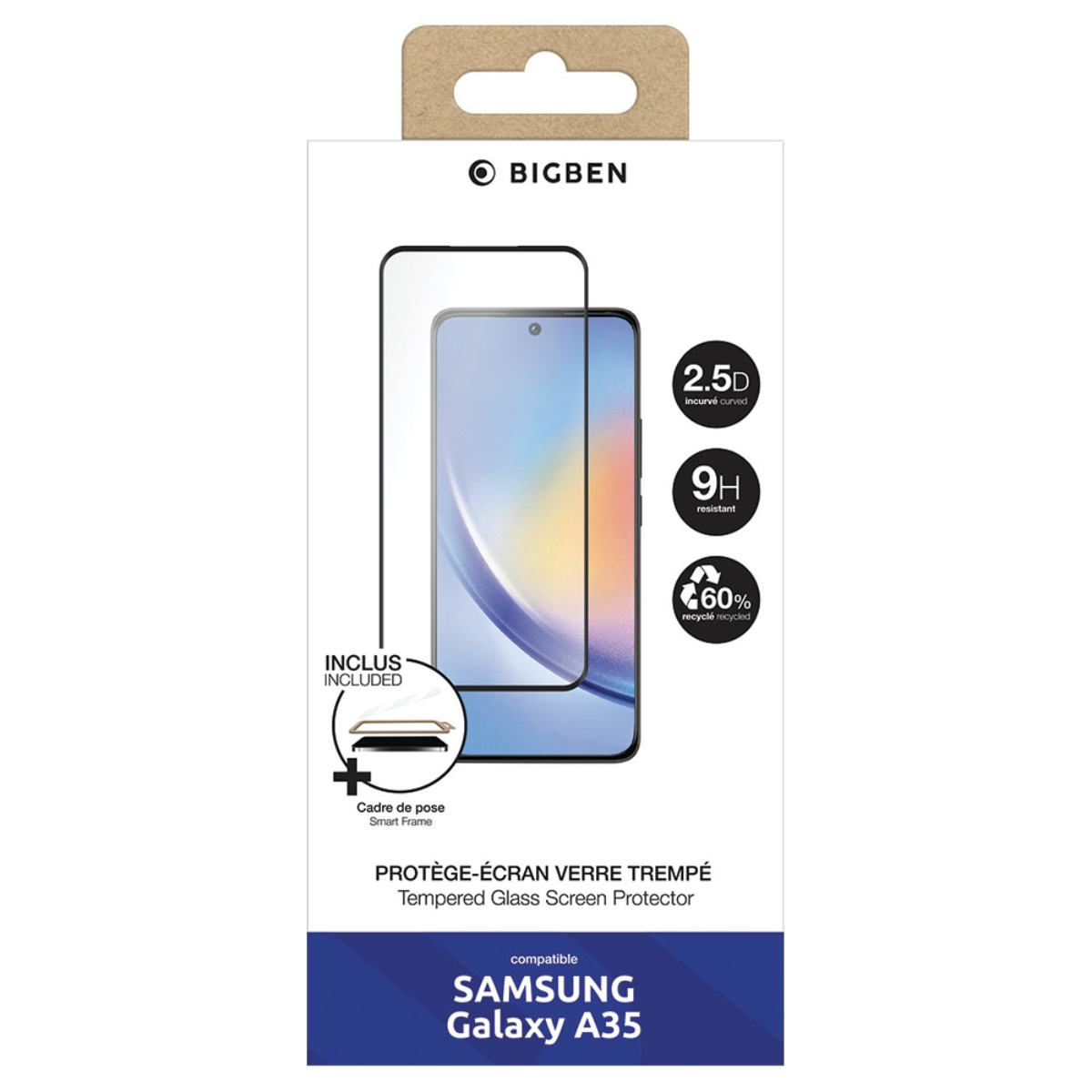 Een Bigben schermbeschermer voor Samsung Galaxy A35. Het bevat een slim frame en beschikt over 2.5D, 9H weerstand en 60% gerecycled materiaal.