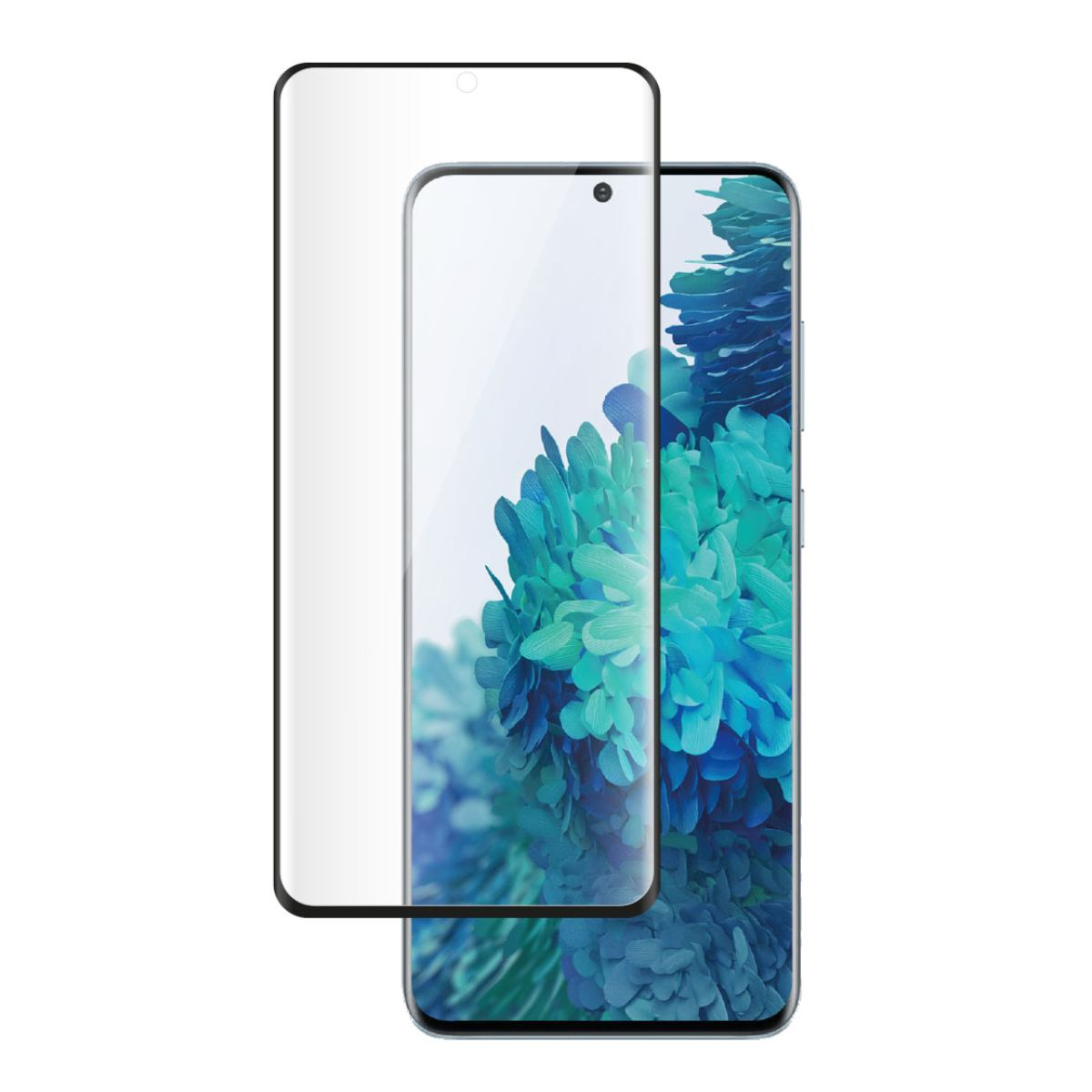 Uno smartphone con protezione schermo su sfondo bianco. Lo schermo mostra un motivo floreale blu.