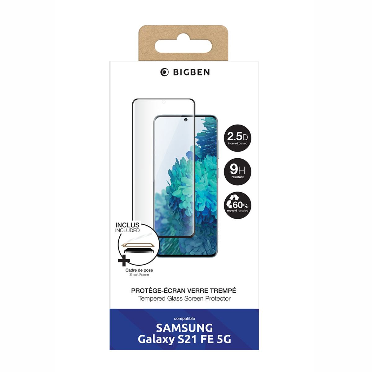 La confezione mostra una protezione schermo in vetro temperato per Samsung Galaxy S21 FE 5G. Caratteristiche: vetro curvo, resistenza 9H, contenuto riciclato.