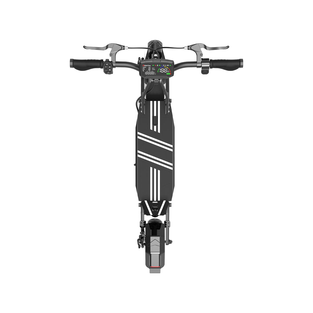 Widok z góry na czarną hulajnogę elektryczną. Ma białe paski na podeście. Widoczna kierownica i wyświetlacz.