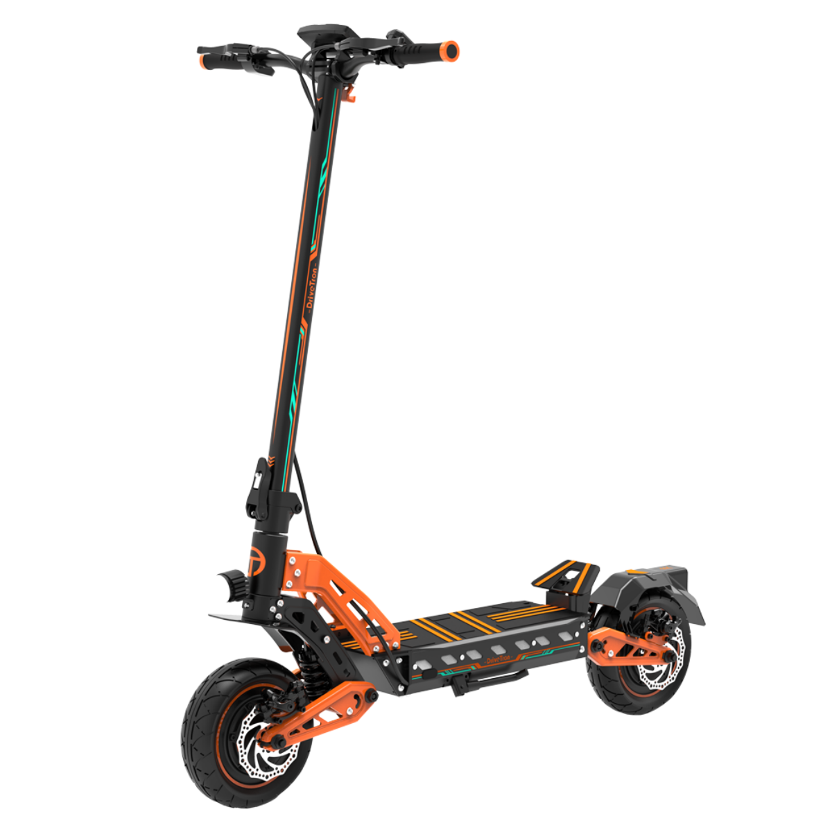 Pomarańczowo-czarna hulajnoga elektryczna. Hulajnoga ma długą kierownicę, kierownicę i dwa koła. Tło jest czarne.