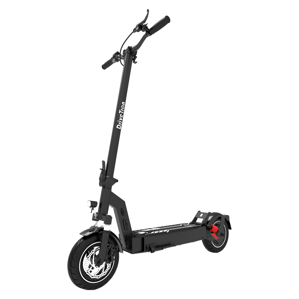 Czarna hulajnoga elektryczna. Ma kierownicę, wspornik z nazwą marki, pokład i dwa koła z hamulcami tarczowymi.