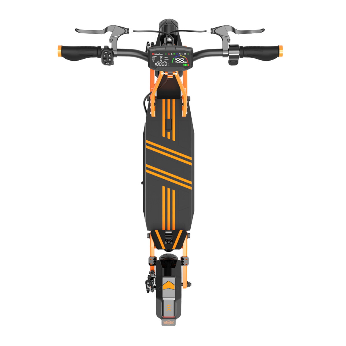 Widok z góry na pomarańczowo-czarną hulajnogę elektryczną. Podest hulajnogi jest czarny z pomarańczowymi paskami. Widoczne kierownica i wyświetlacz.