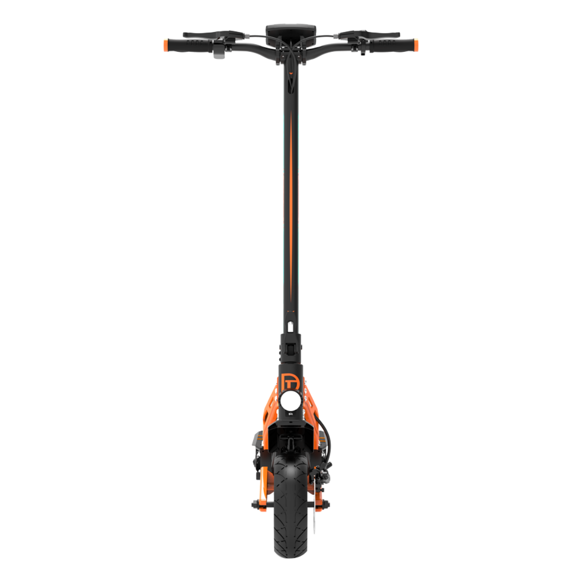 Widok z przodu pomarańczowo-czarnej hulajnogi elektrycznej. Ma czarną ramę, pomarańczowe akcenty i reflektor. Tło jest czarne.