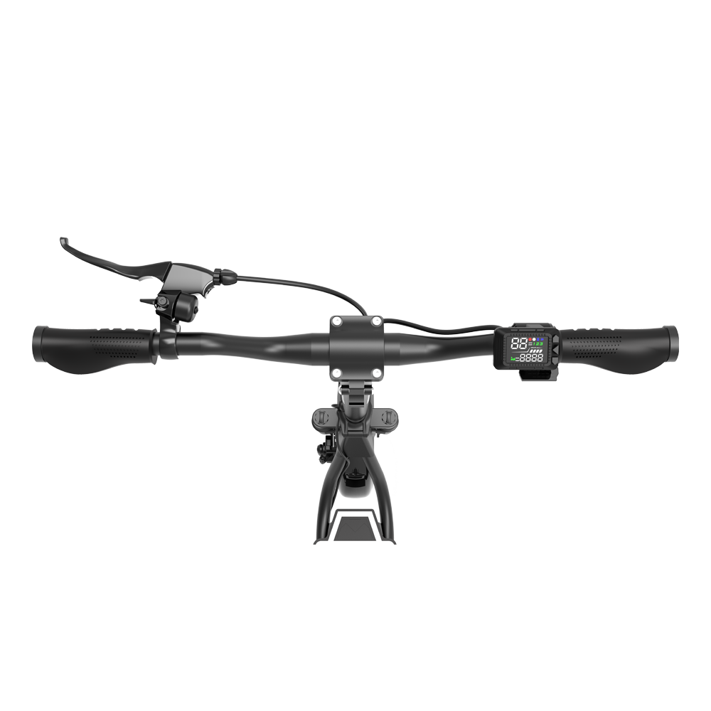 Kierownica hulajnogi elektrycznej, czarna, z wyświetlaczem pokazującym '88'. Dźwignia hamulca po lewej. Uchwyty po obu stronach.