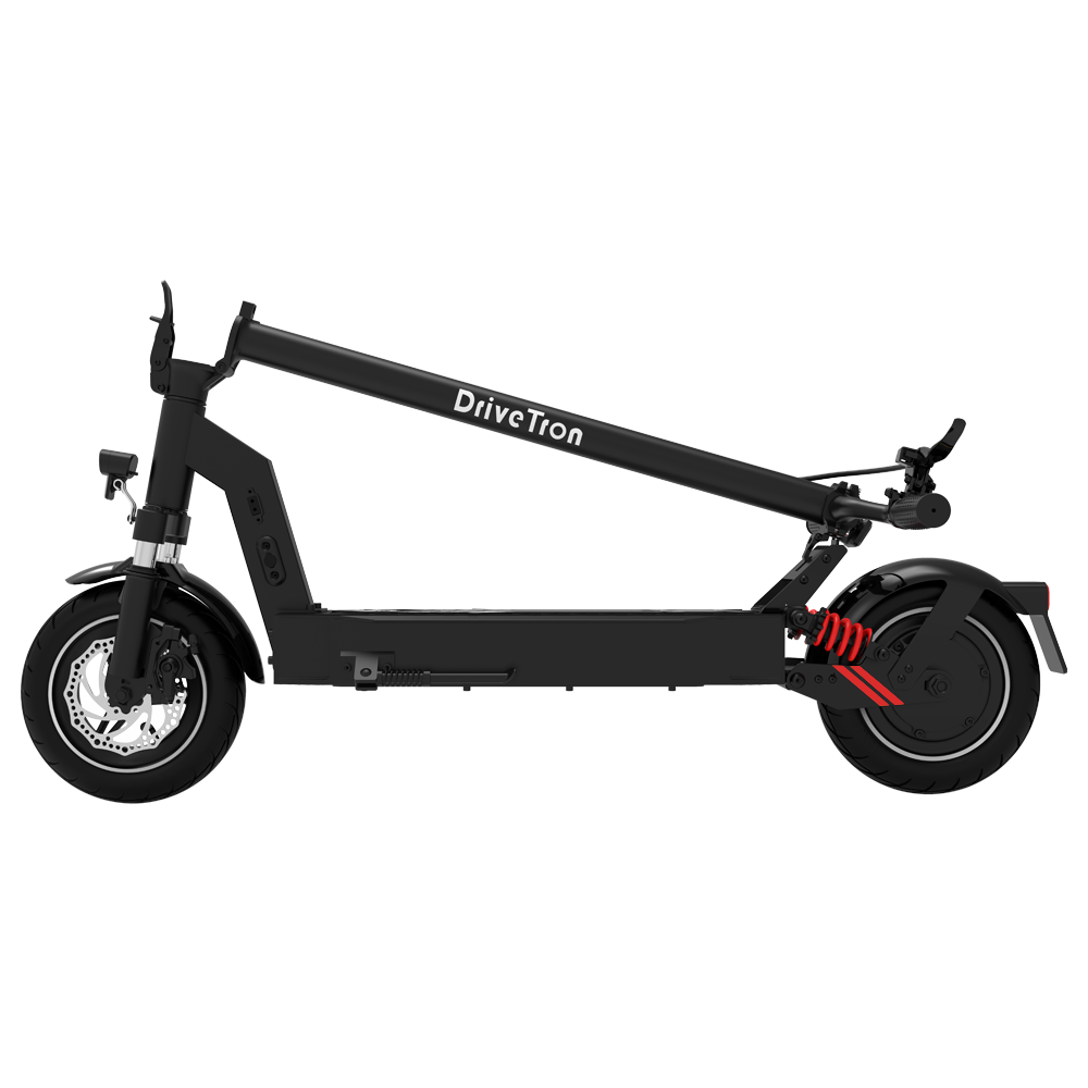 Przedstawiono czarną hulajnogę elektryczną DriveTion. Ma czarną ramę, koła i detale. Hulajnoga jest na białym tle.