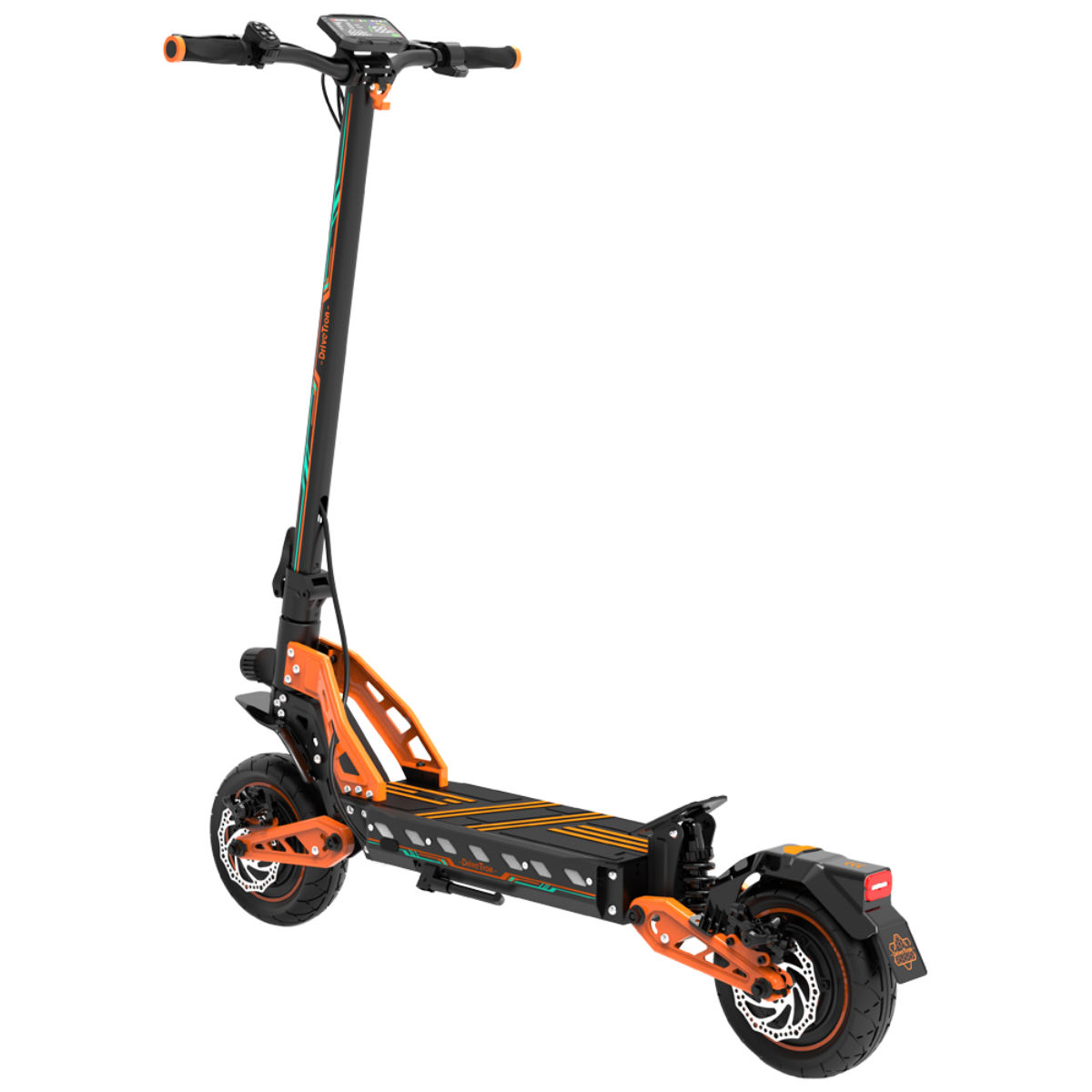 Pomarańczowo-czarna hulajnoga elektryczna. Ma czarną ramę i czarny pokład z pomarańczowymi akcentami. Opony są czarne.