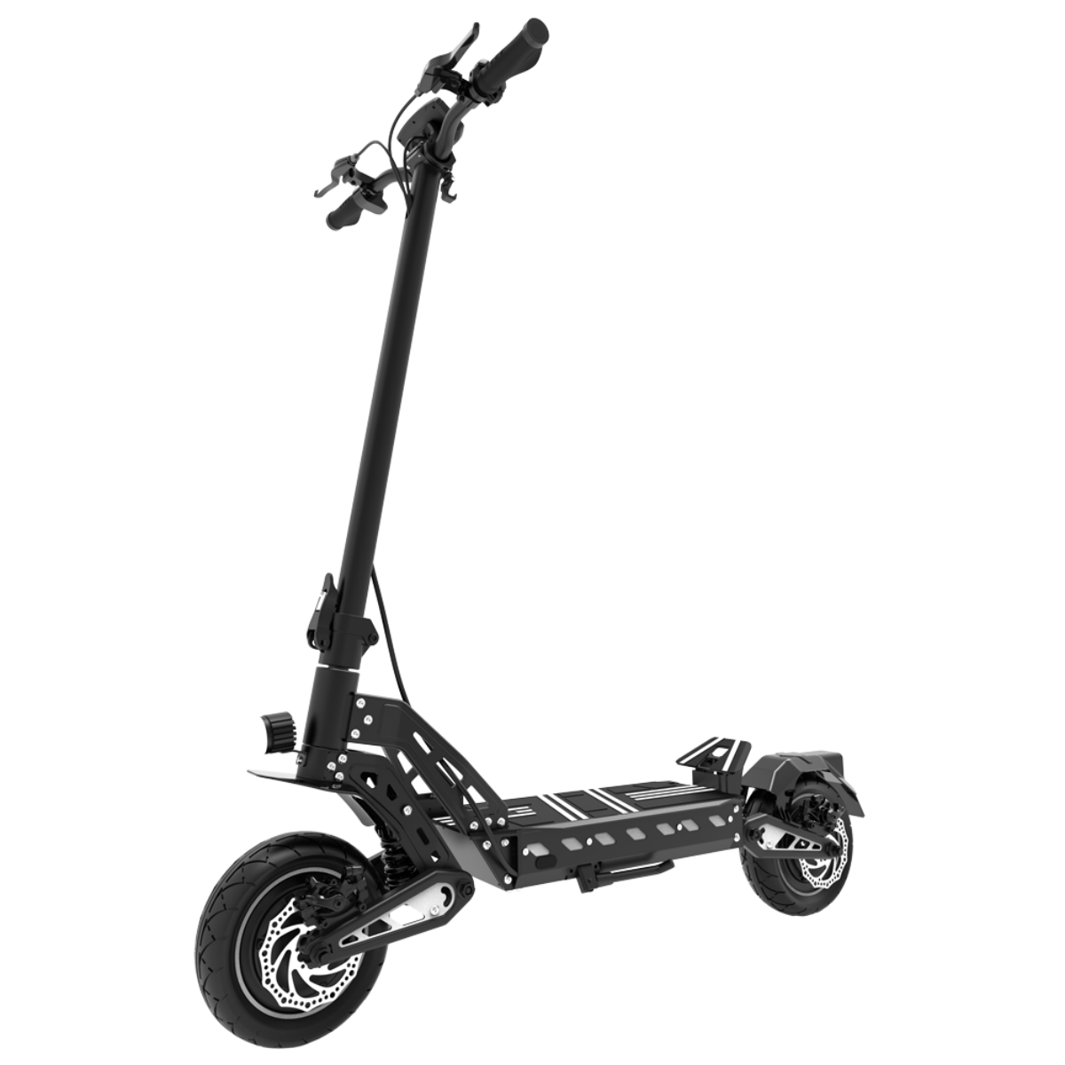 Czarna hulajnoga elektryczna z reflektorem i dwoma kołami. Hulajnoga jest na czarnym tle. Hulajnoga jest ustawiona pod kątem w prawo.