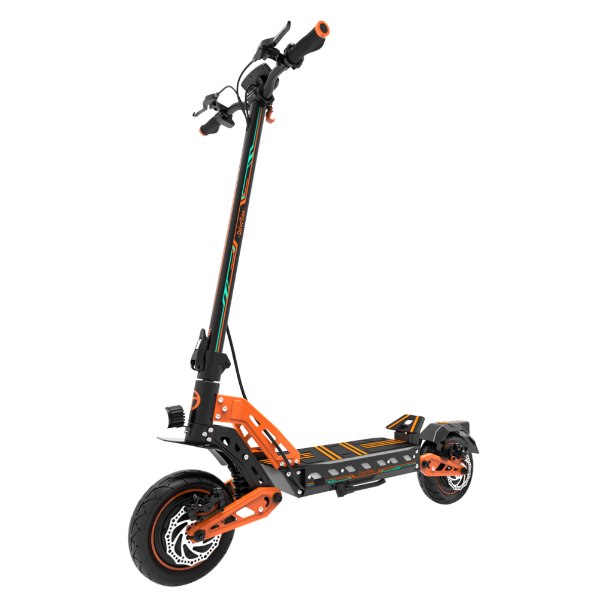 Pomarańczowa i czarna hulajnoga elektryczna. Ma reflektor i elegancki design. Tło jest czarne.