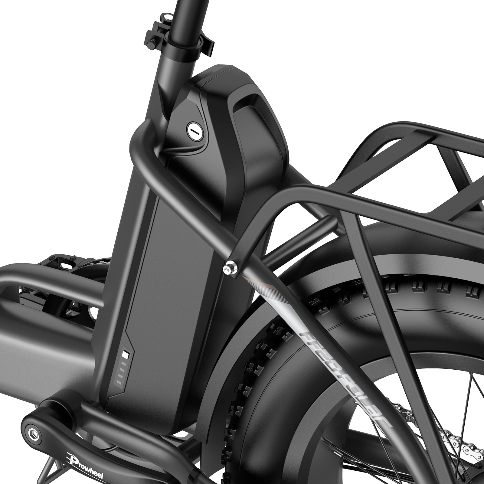 Zbliżenie czarnego roweru elektrycznego. Widoczna bateria, bagażnik i opona. Rower na białym tle.