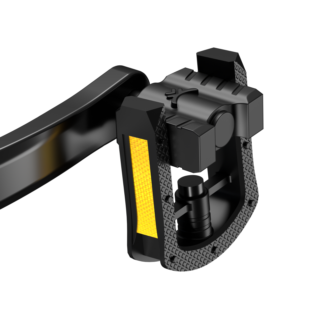 Czarny pedał rowerowy z żółtym odblaskiem. Pedał ma teksturowaną powierzchnię i czarne tło.