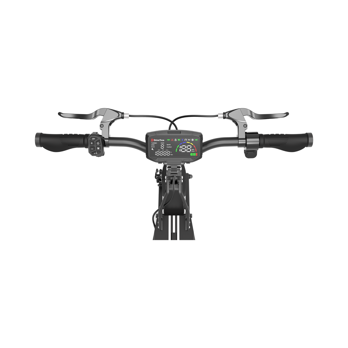 Zbliżenie kierownicy hulajnogi elektrycznej z wyświetlaczem, hamulcami i uchwytami. Wyświetlacz pokazuje prędkość, baterię i inne wskaźniki.