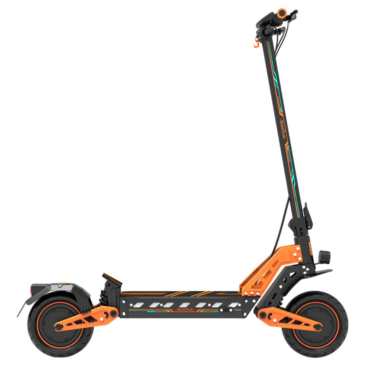 Pomarańczowo-czarna hulajnoga elektryczna. Ma czarne opony i czarną ramę z pomarańczowymi akcentami. Hulajnoga jest na czarnym tle.