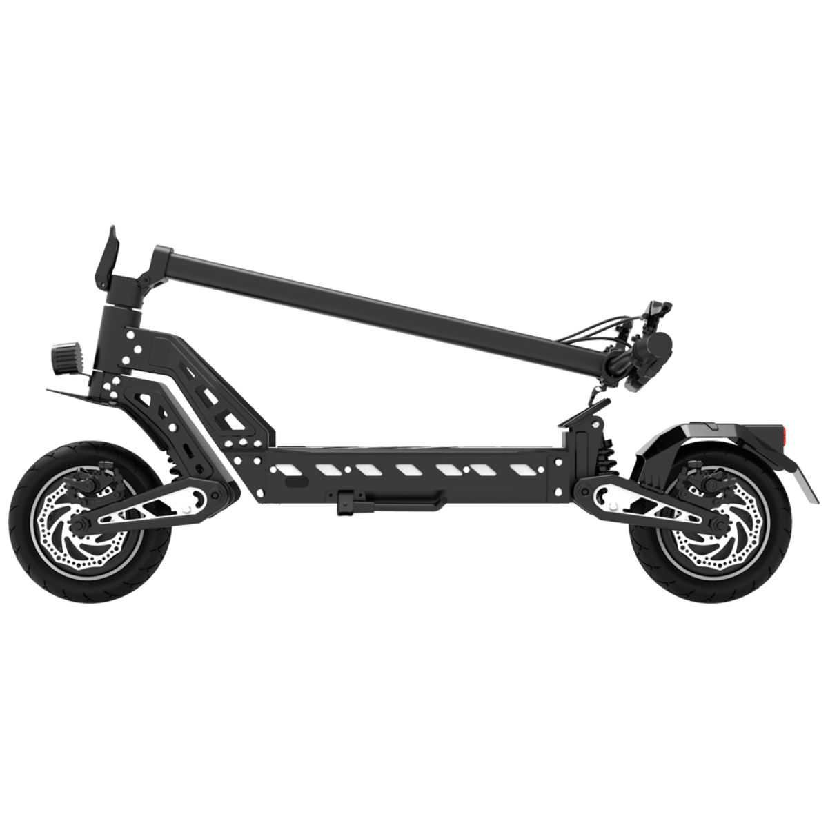 Czarny skuter elektryczny pokazany z profilu na czarnym tle. Ma dwa koła, kierownicę i platformę.