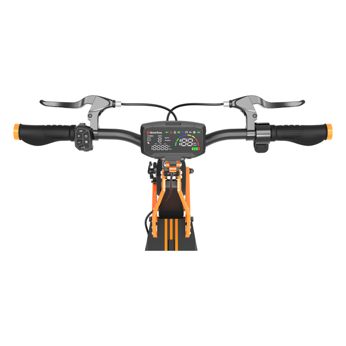 Zbliżenie kierownicy hulajnogi elektrycznej. Posiada wyświetlacz cyfrowy, dźwignie hamulca i czarne uchwyty z pomarańczowymi akcentami.
