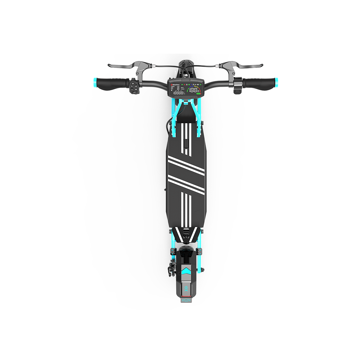 Widok z góry na hulajnogę elektryczną. Ma czarny pokład z białymi paskami, niebieskie akcenty i cyfrowy wyświetlacz na kierownicy.