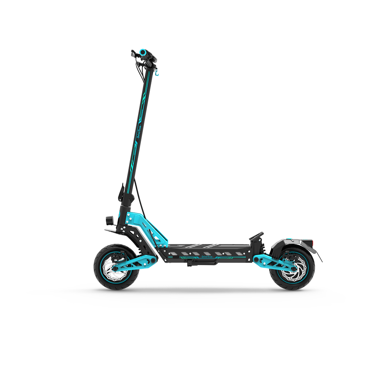 Niebiesko-czarna hulajnoga elektryczna na białym tle. Posiada kierownicę, platformę i dwa koła z hamulcami tarczowymi.