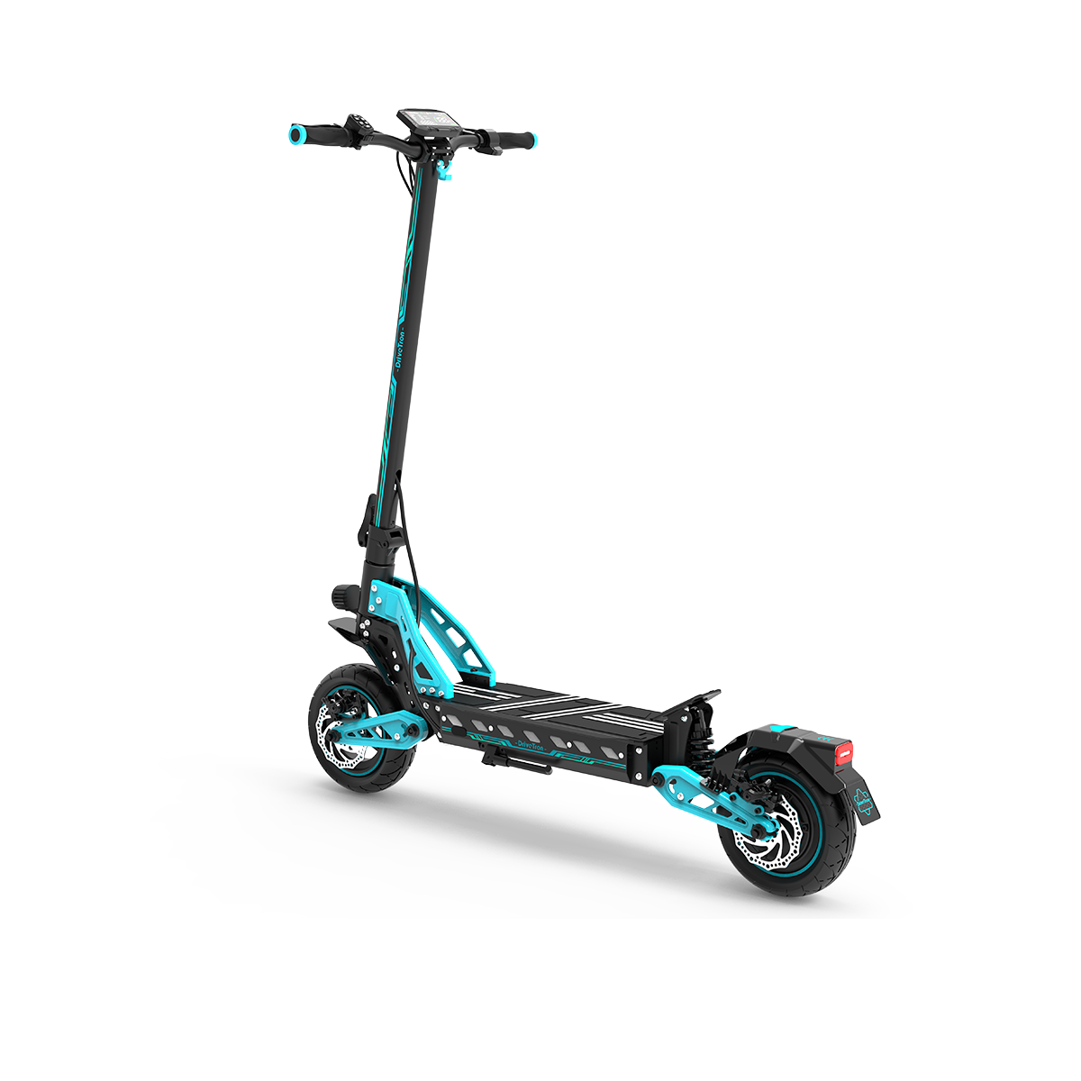 Czarno-turkusowa hulajnoga elektryczna na białym tle. Szczegóły obejmują wyświetlacz cyfrowy, hamulce tarczowe i elegancki design.