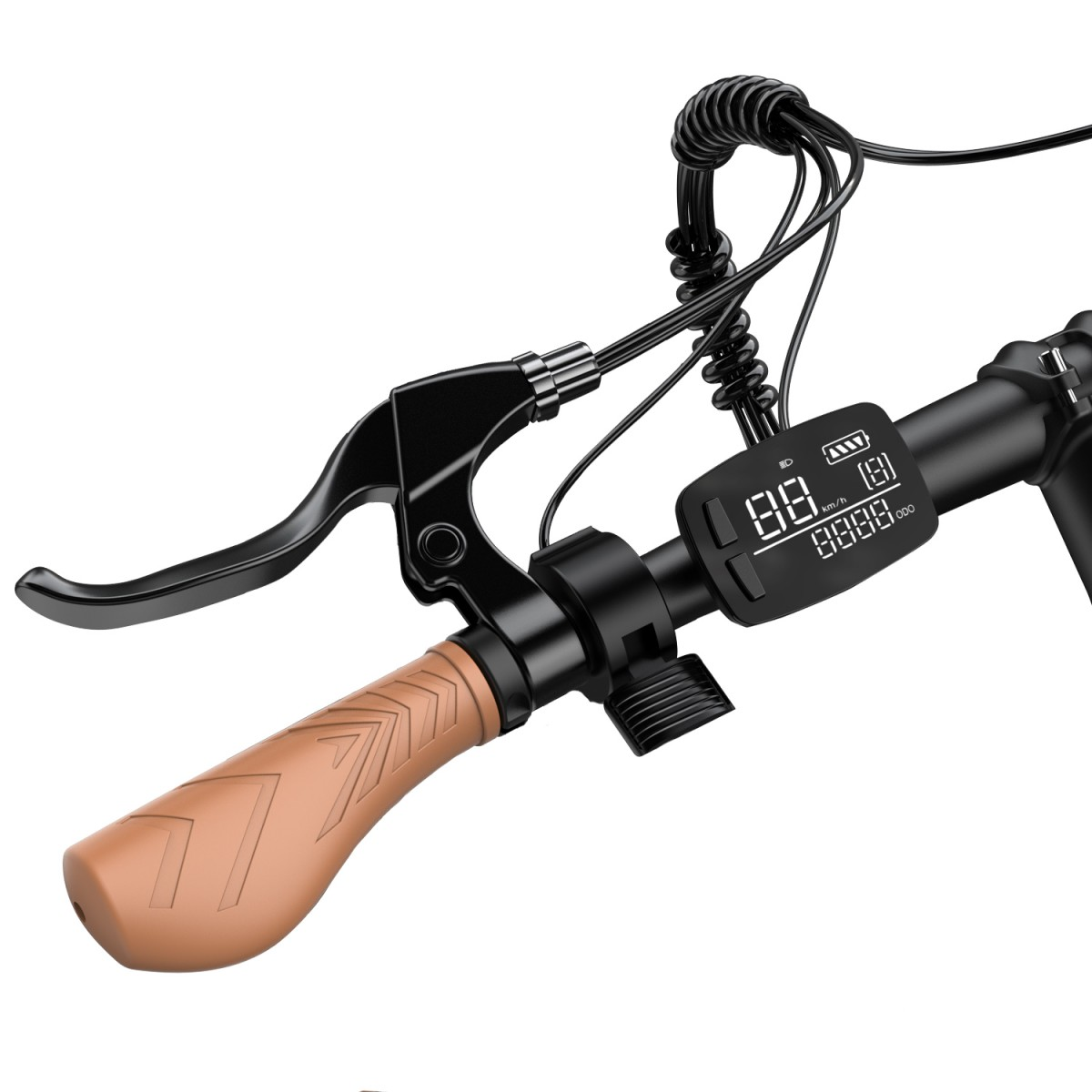 Zbliżenie kierownicy hulajnogi elektrycznej. Czarny hamulec, brązowy uchwyt, cyfrowy wyświetlacz prędkości i baterii.