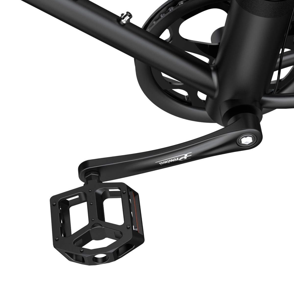 Zbliżenie czarnej korby rowerowej i pedału. Pedał jest kwadratowy, z czarną ramą i czerwonym akcentem z boku.