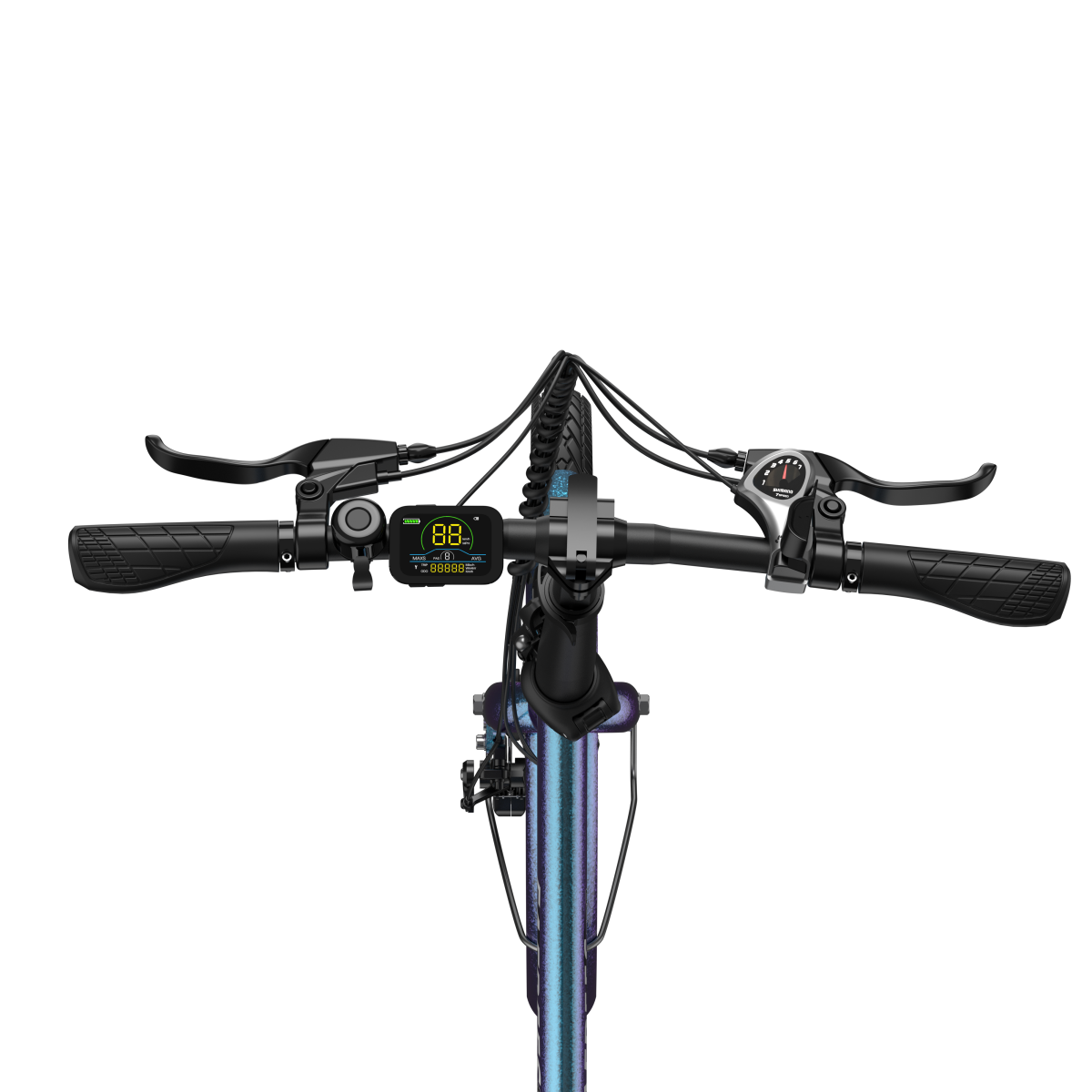 Zbliżenie kierownicy roweru elektrycznego. Wyświetlacz pokazuje 88 mph. Czarne tło.