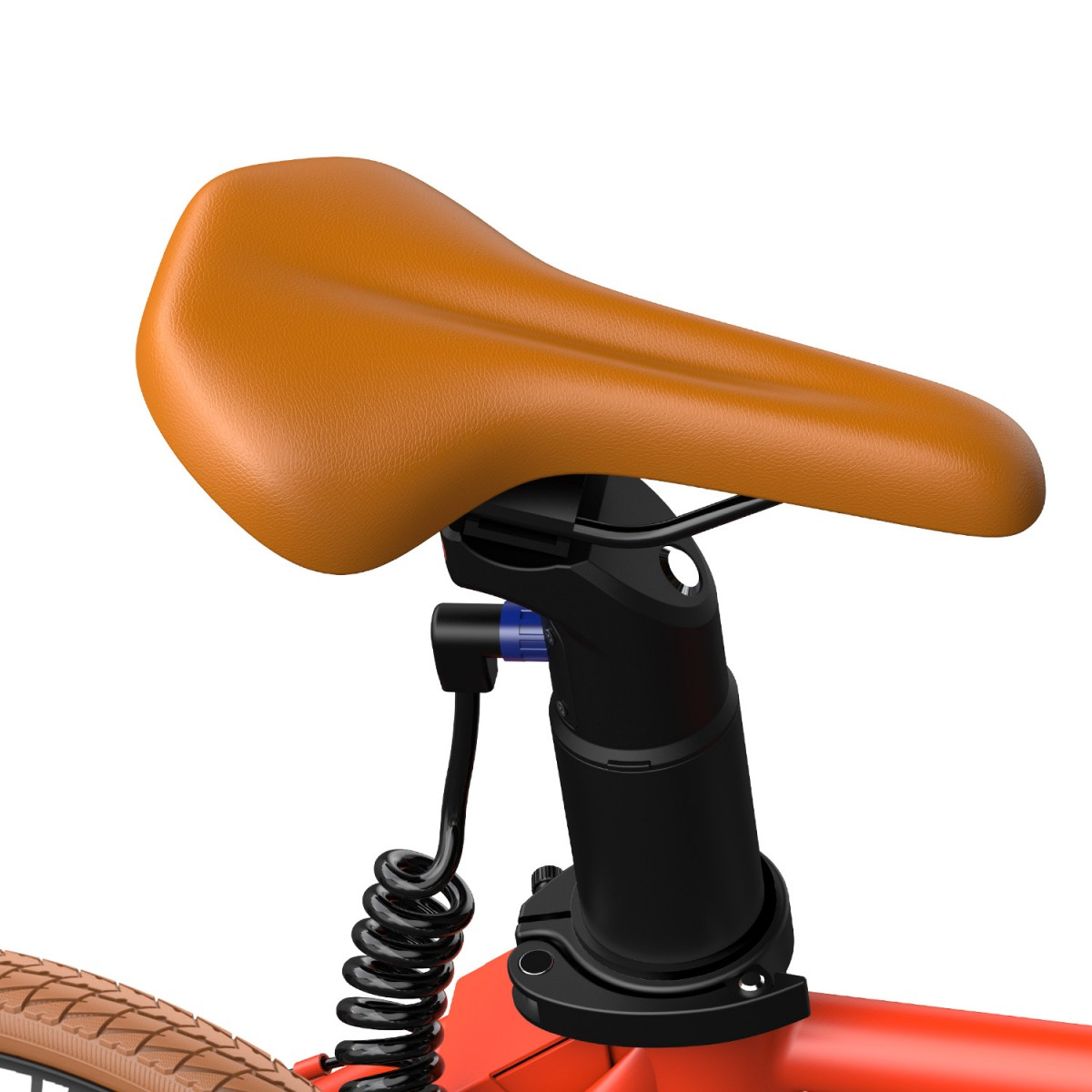 Primo piano di una sella per bici. È marrone e montata su un supporto nero. Il telaio della bici è rosso.
