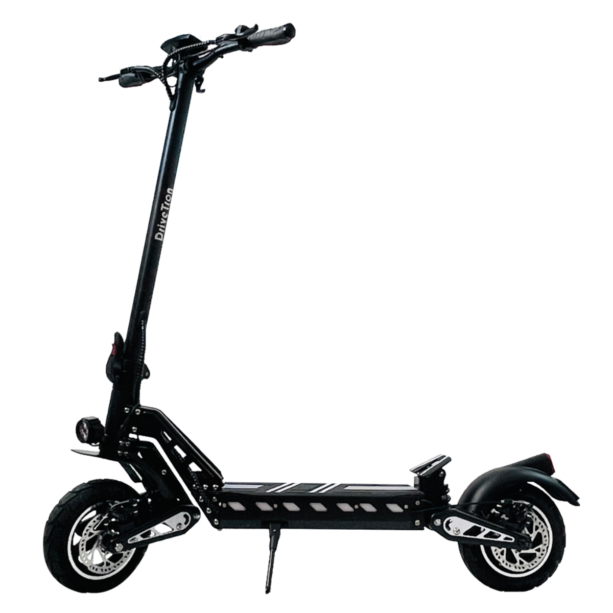 Czarna hulajnoga elektryczna z logo DriveTion. Ma czarne opony, przednie światło i tylny błotnik. Tło jest czarne.