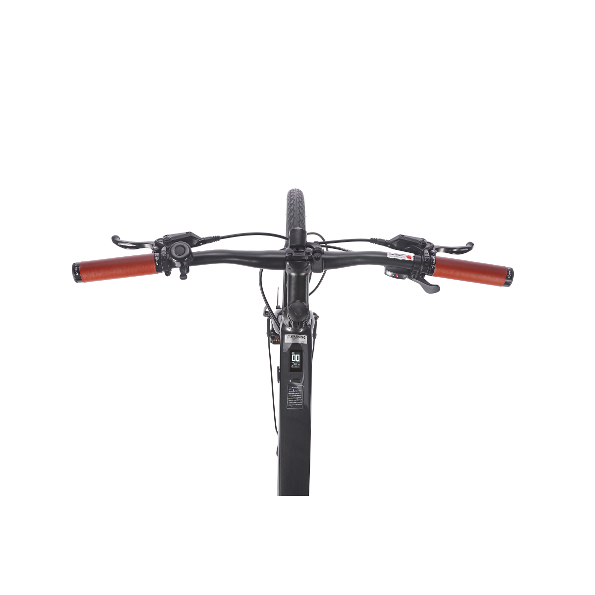 Widok z góry na czarną kierownicę roweru z brązowymi uchwytami. Widoczna przednia opona, na białym tle.