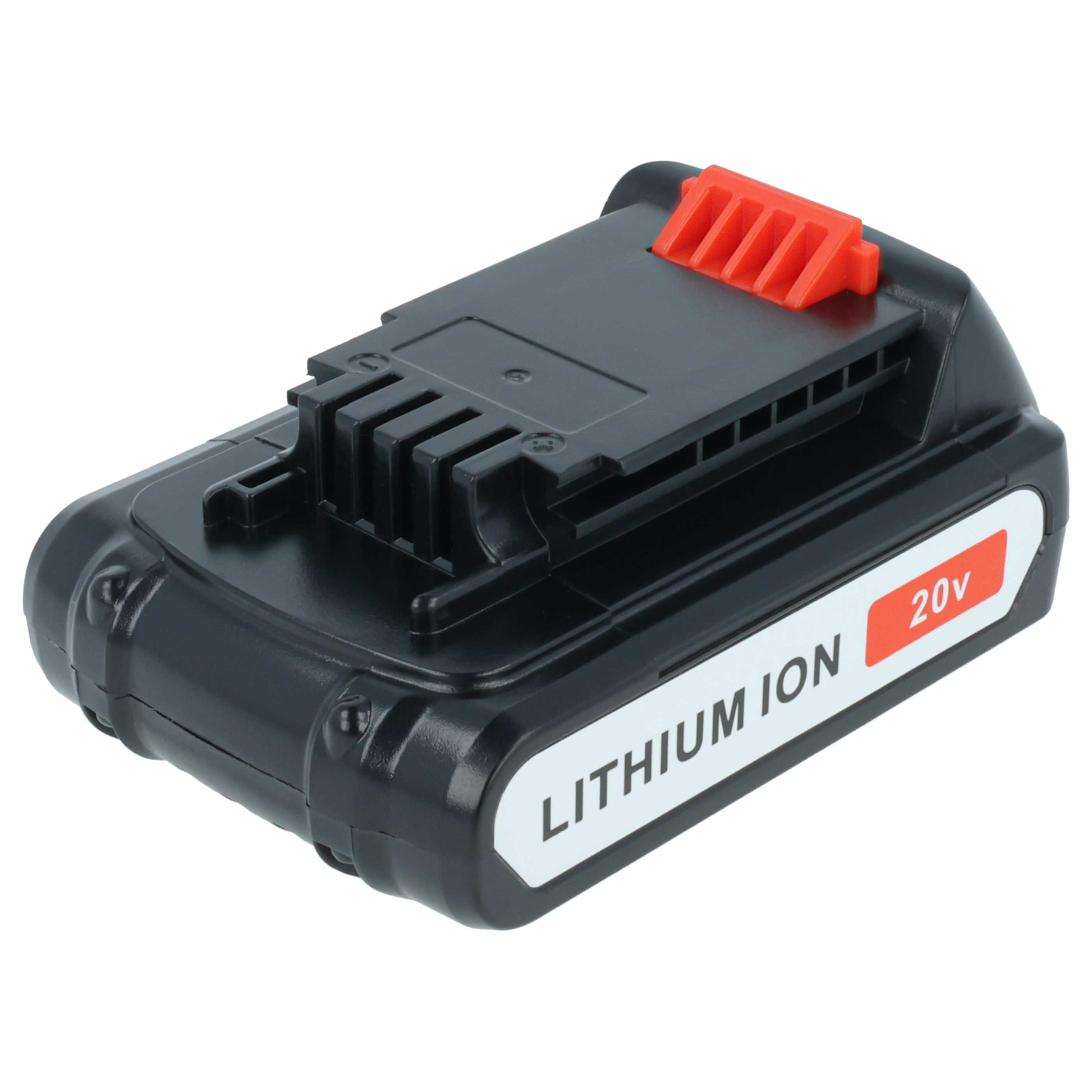 Schwarzer Lithium-Ionen-20-V-Akku. Verfügt über ein rotes Oberteil. Enthält weißen Text 'LITHIUM ION 20v' an der Seite.