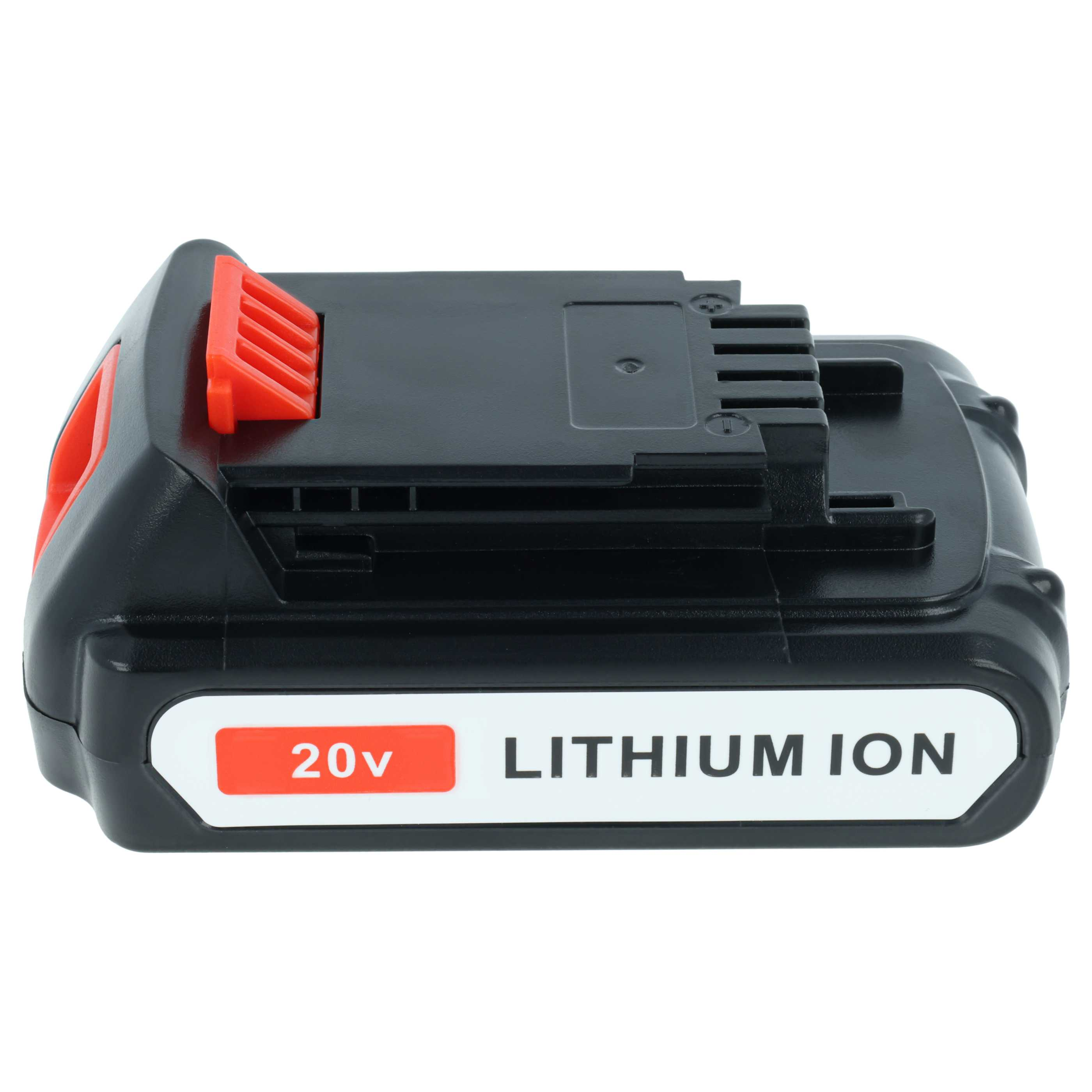 Schwarzer und roter 20-V-Lithium-Ionen-Akku. Der Akku hat ein schwarzes Gehäuse mit weißem Etikett und roten Akzenten.