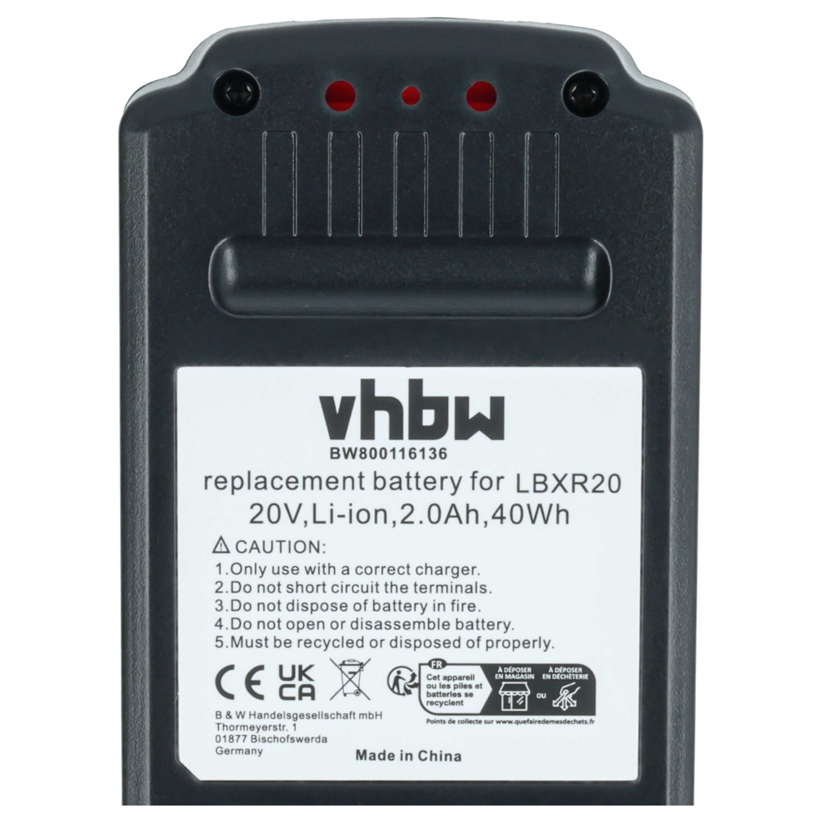 Schwarzer Akku mit weißem Etikett. Text enthält 'Ersatzbatterie', '20V Li-ion' und Vorsichtshinweise.