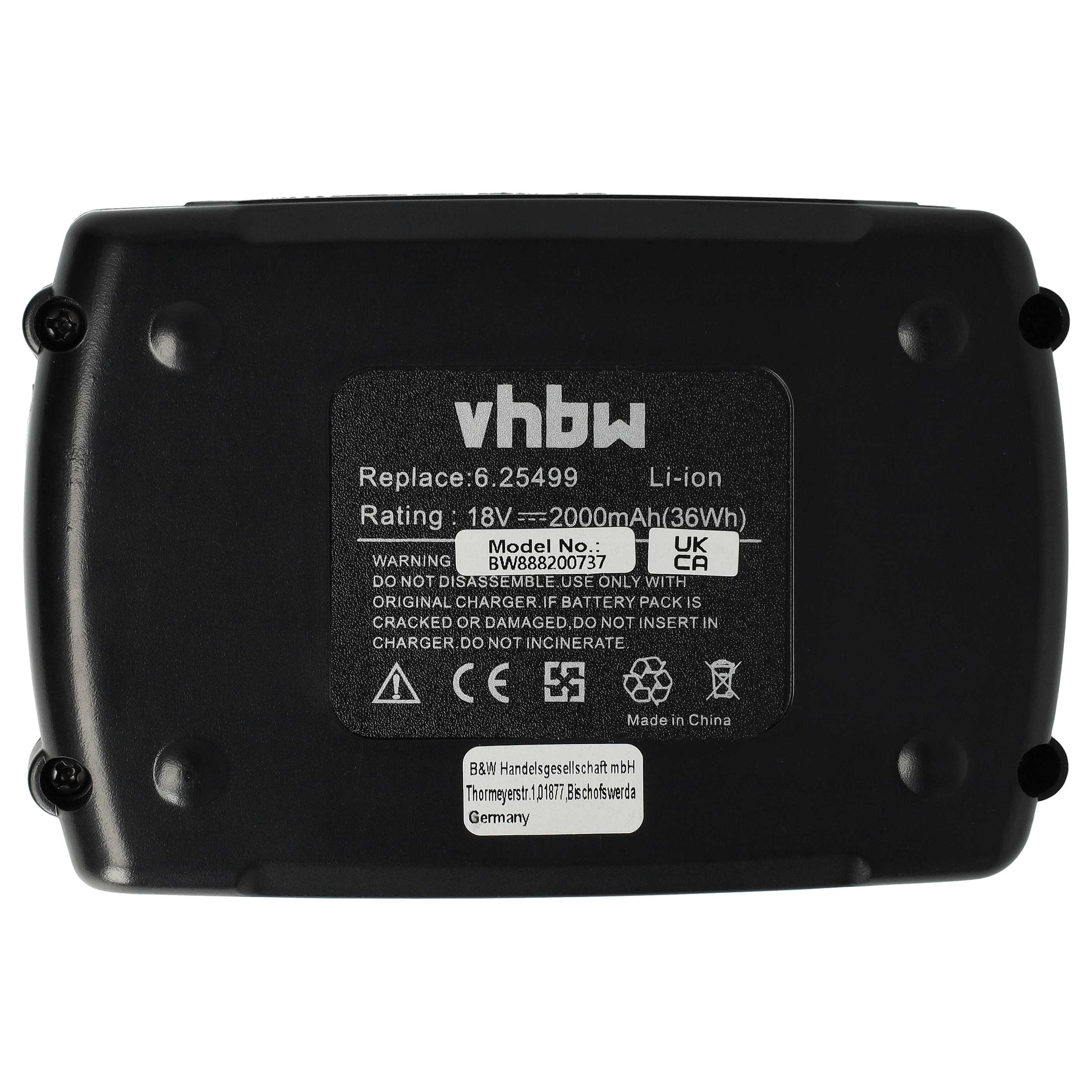 Schwarzer vhbw Li-Ionen-Akku mit weißem Text, Modell BW888200737, 18V, 2000mAh. Hergestellt in China. Warnhinweise vorhanden.