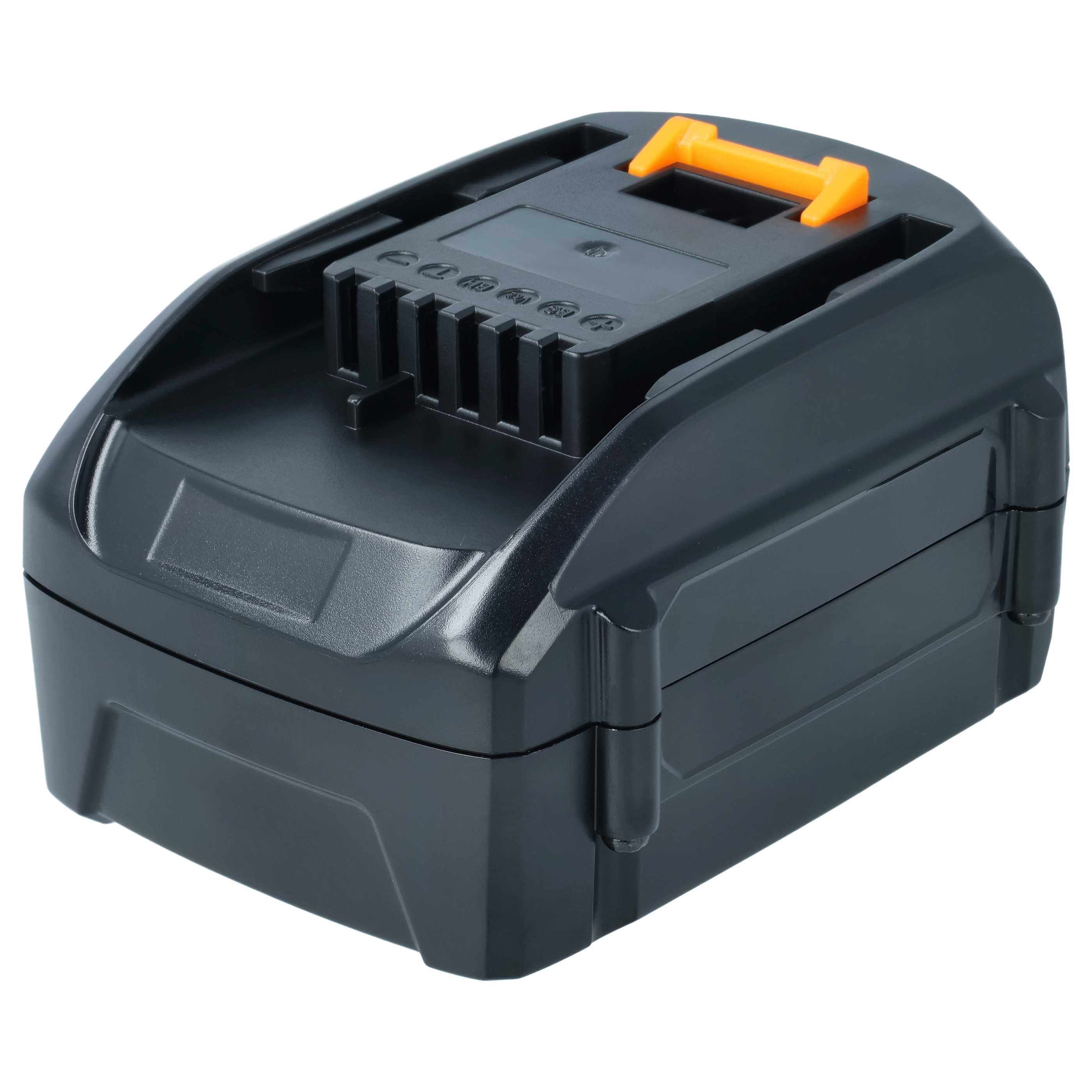 Ein schwarzer Akku für ein Elektrowerkzeug mit einem orangefarbenen Griff. Der Akku hat mehrere Rippen und ein schlankes Design.