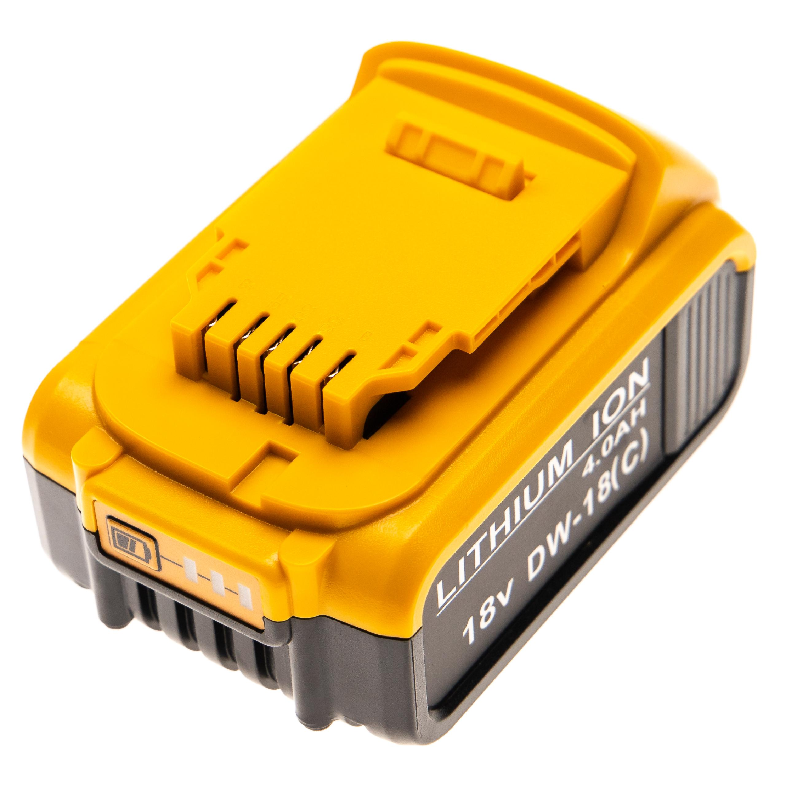 Gelb-schwarzer DeWalt 18V Lithium-Ionen-Akku. Er hat eine Batterieanzeige und Produktdetails.