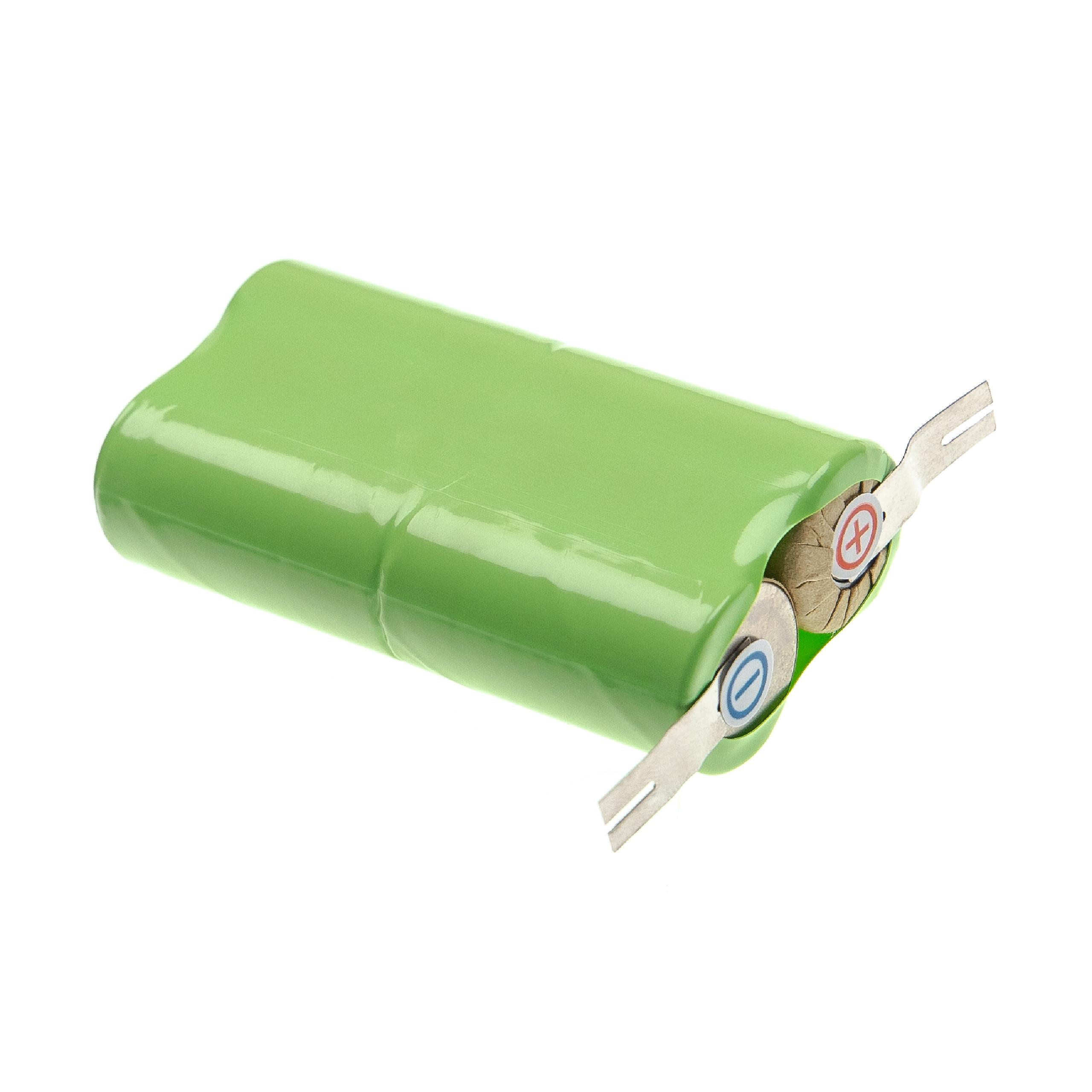 Eine grüne Batterie mit Metallklemmen. Die Klemmen haben Plus- und Minuszeichen. Der Hintergrund ist weiß.