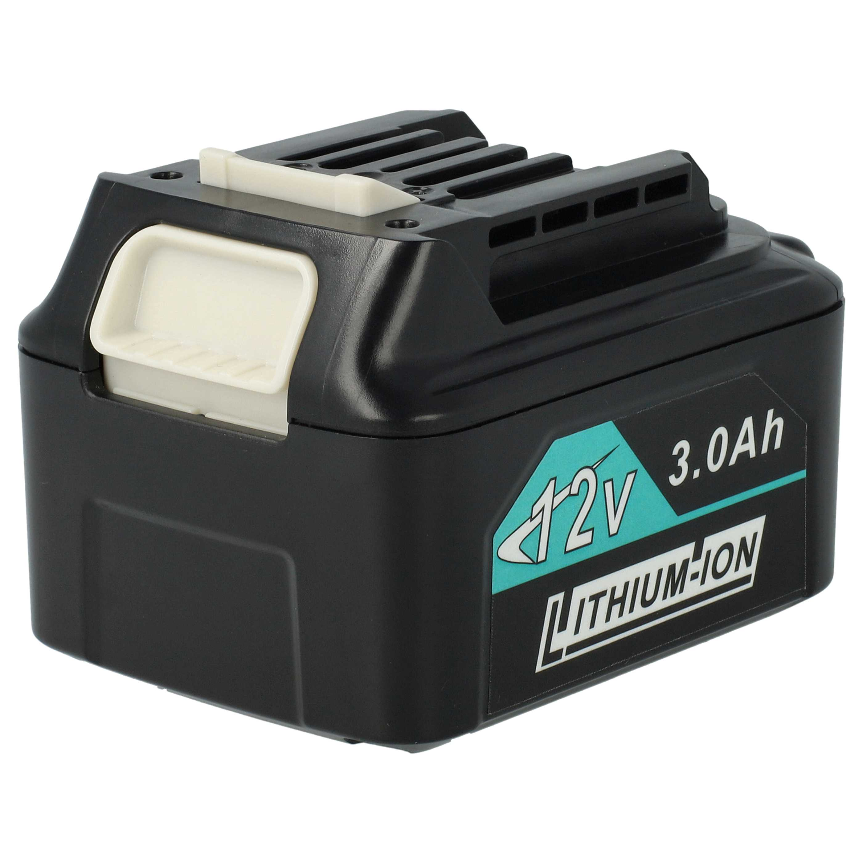 Ein schwarzer 12V 3,0Ah Lithium-Ionen-Akku mit weißen Entriegelungsknöpfen und einem türkis-weißen Etikett auf weißem Hintergrund.