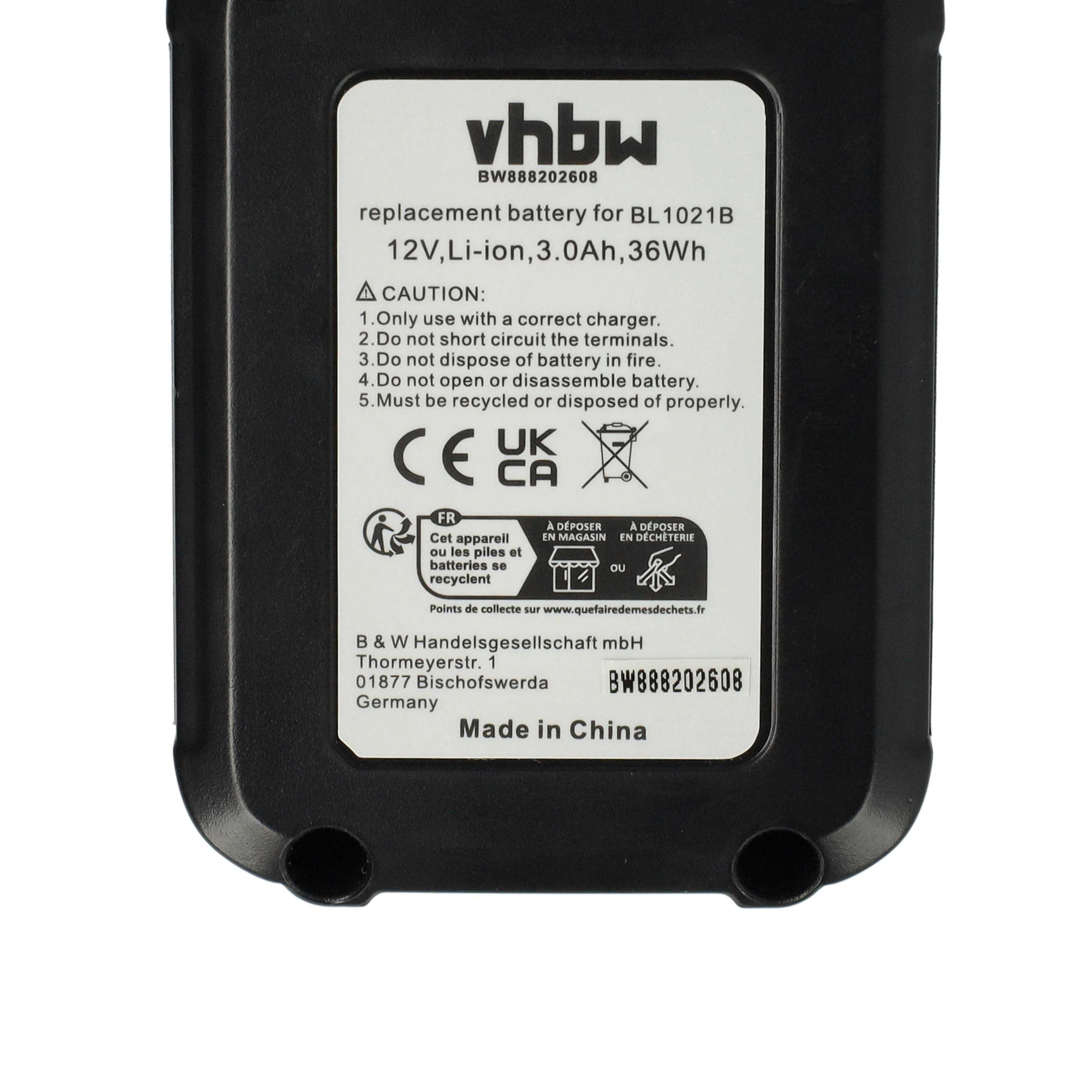 Eine Batterie mit Text und Warnhinweisen wird gezeigt. Oben steht 'vhbw' und 'Ersatzbatterie'.