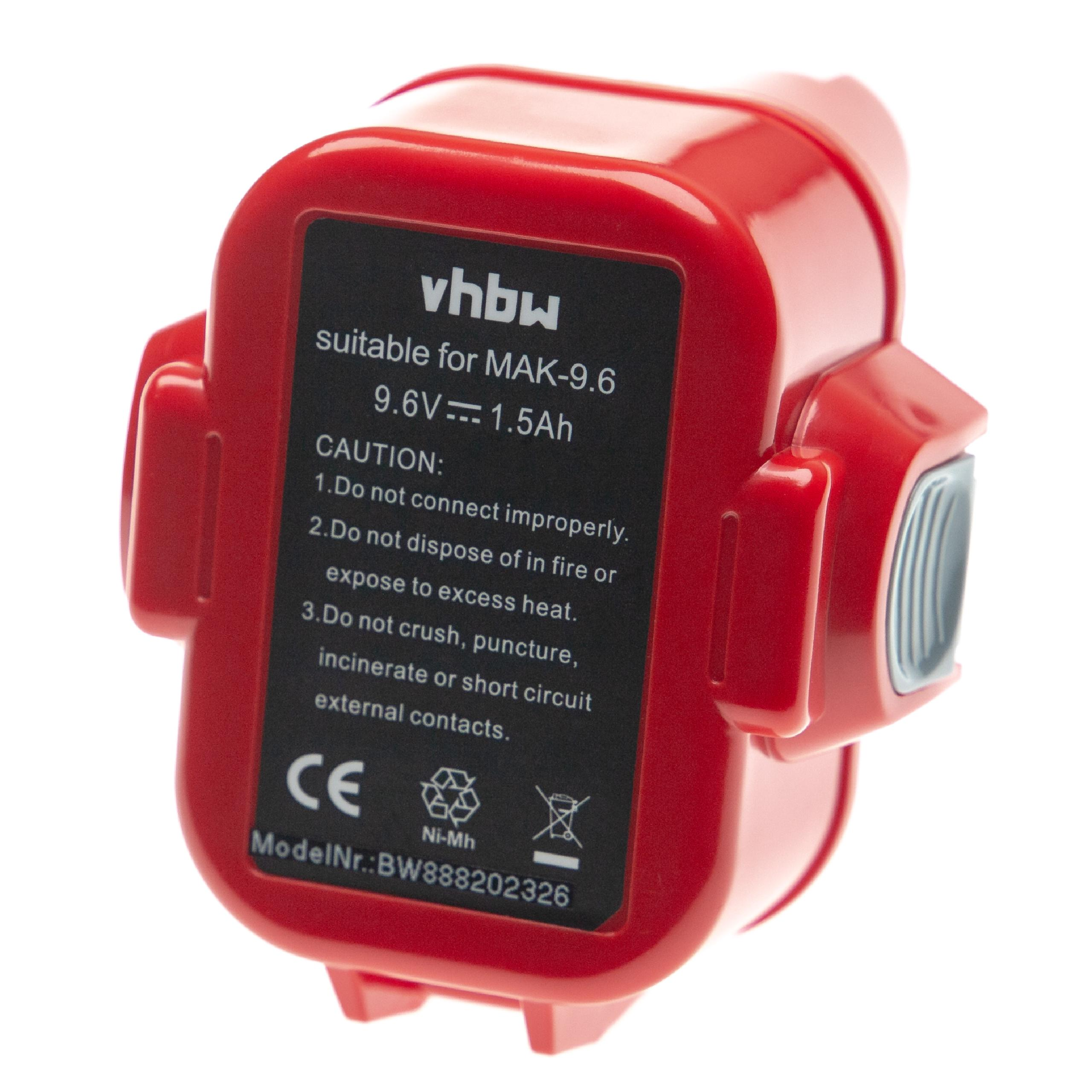 Ein roter Akku, mit einem schwarzen Etikett, das Informationen und Warnhinweise zeigt. Die Marke ist vhbw. Er ist für MAK-9.6.