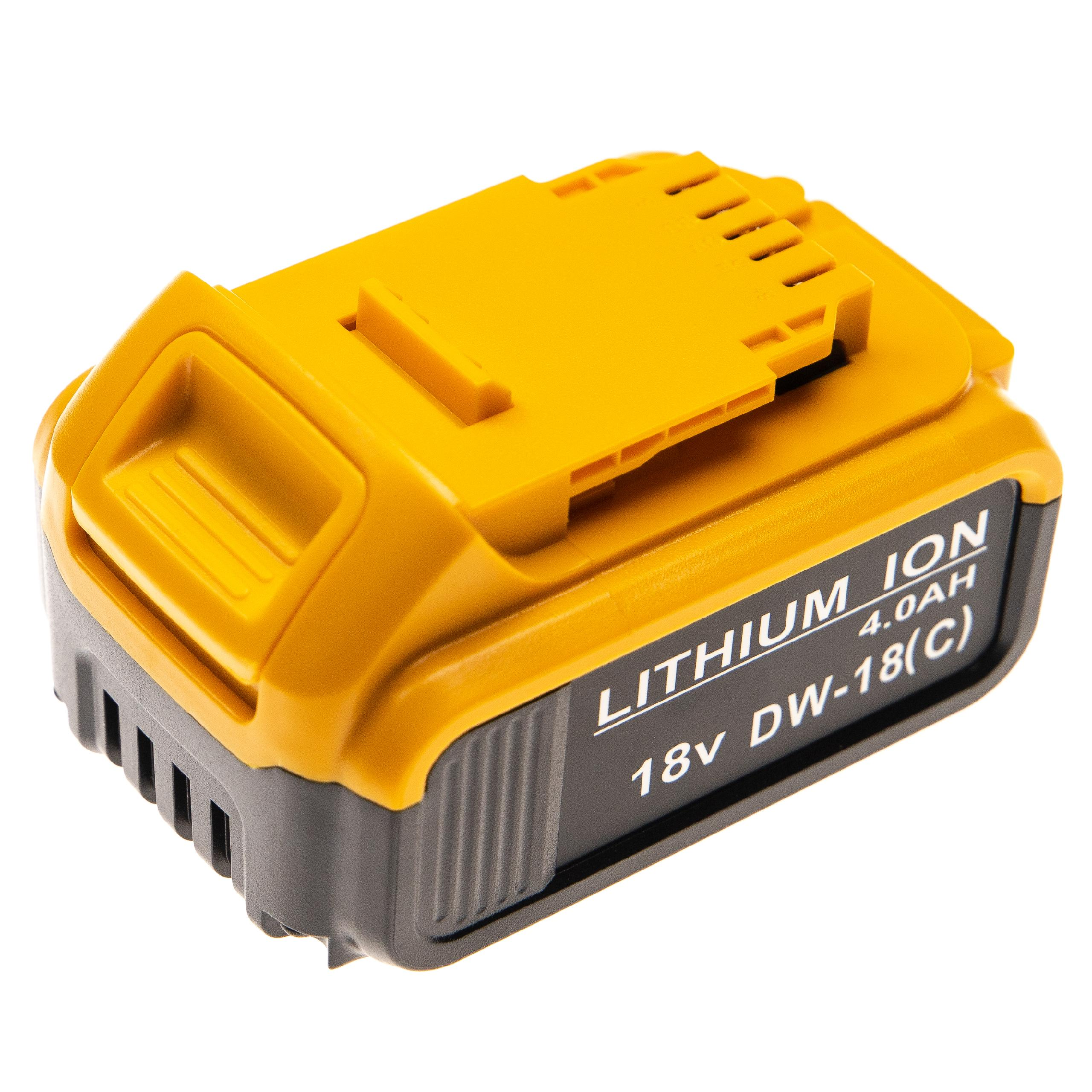 Gelb-schwarzer 18V Lithium-Ionen-Akku. Er trägt die Aufschrift 'LITHIUM ION', '4.0AH' und 'DW-18(C)'.