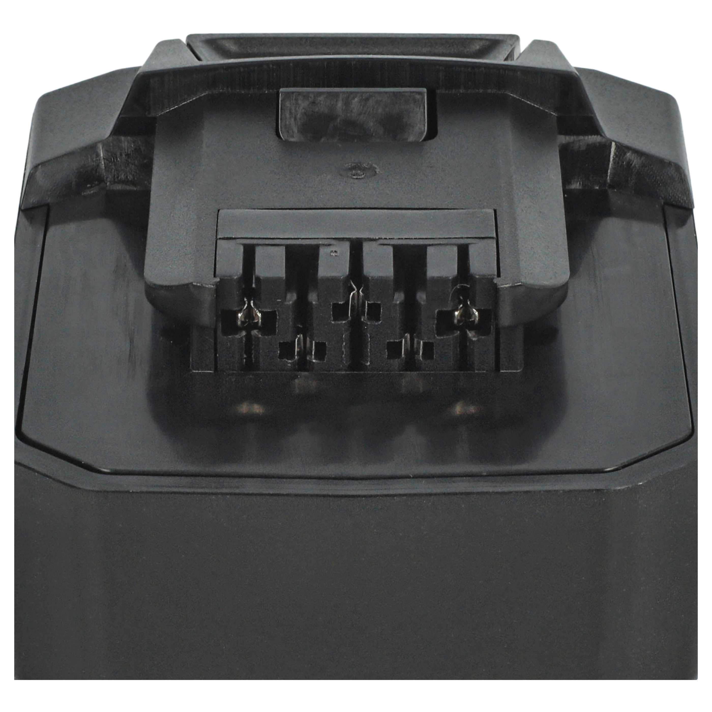 Nahaufnahme eines schwarzen Werkzeugbatterieanschlusses. Er hat mehrere Metallkontaktpunkte und einen Verriegelungsmechanismus.