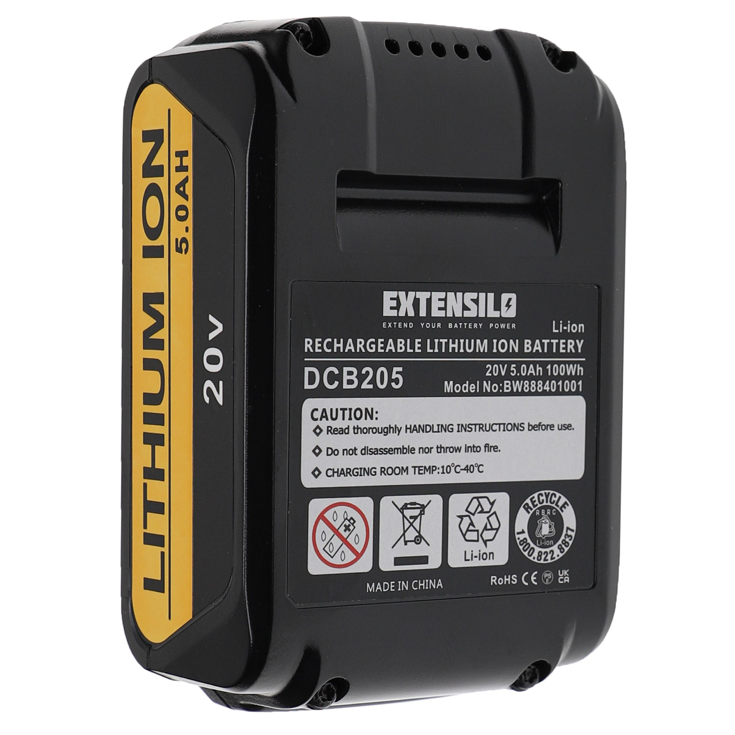 Ein schwarzer und gelber Akku. Er hat Text, der Lithium Ion 20V 5.0AH und Modell DCB205 liest.