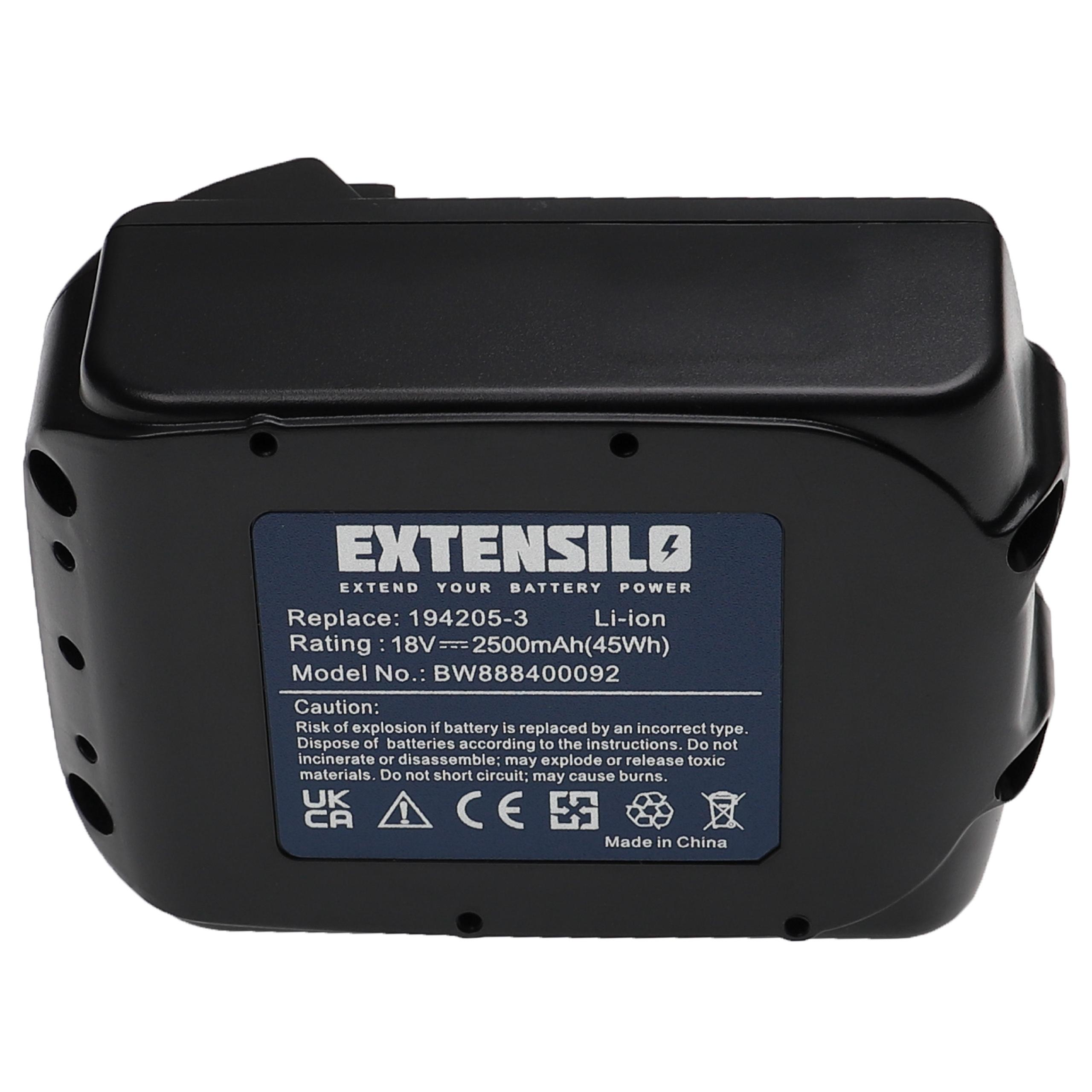 Schwarzer Extensilo 18V-Akku. Text auf dem Etikett enthält Spezifikationen und Warnungen. Hergestellt in China.