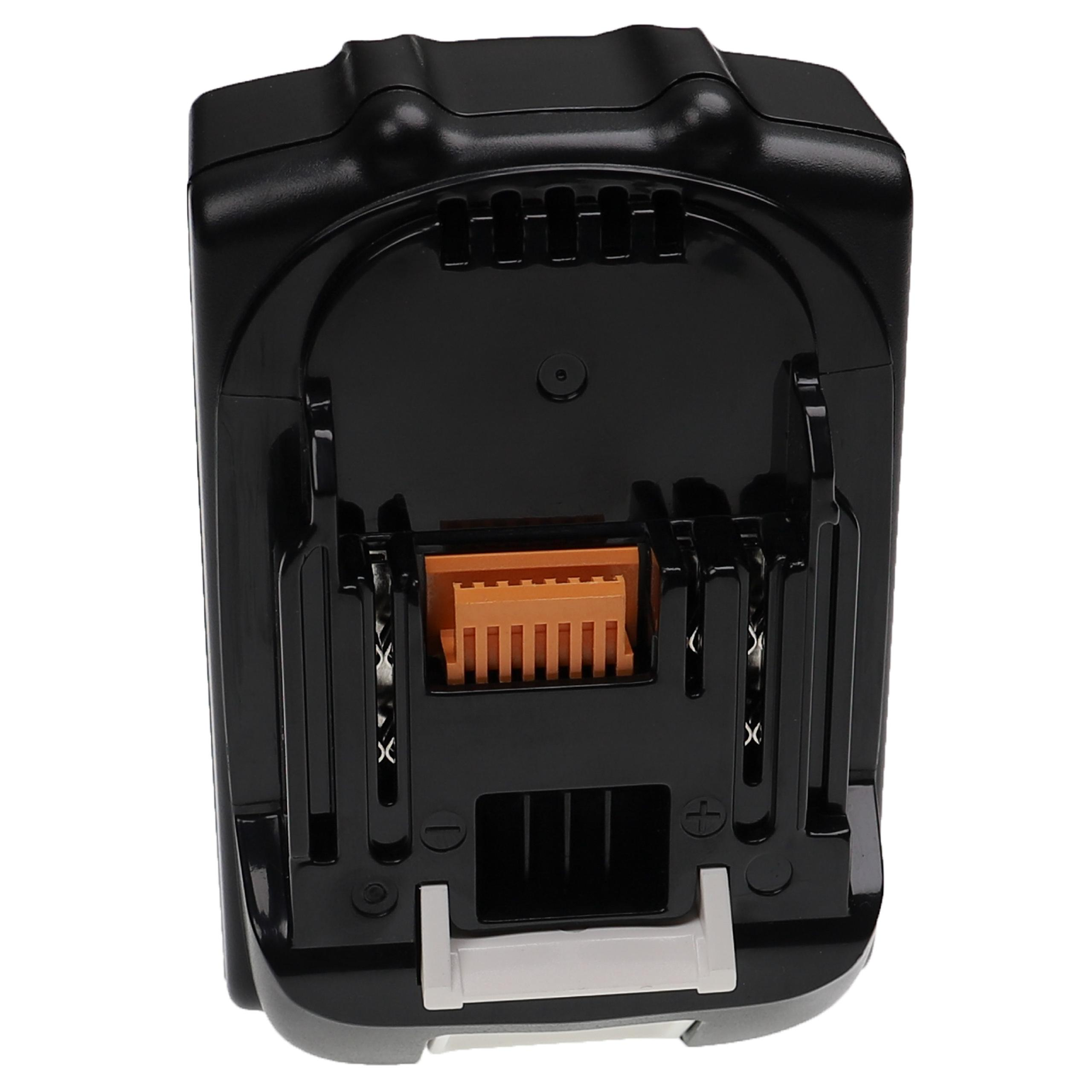 Ein schwarzes Akku-Werkzeug. Es hat einen orangefarbenen Stecker. Die Basis ist weiß und grau.