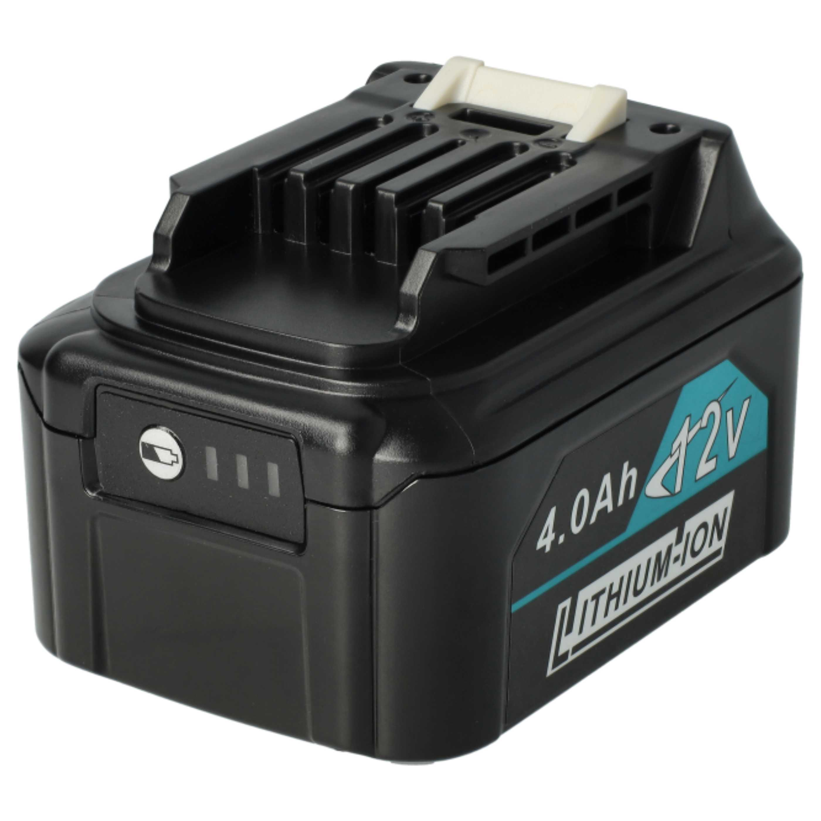 Schwarzer 4,0 Ah 12V Lithium-Ionen-Akku mit weißen und tealfarbenen Details. Er hat eine Batteriestandsanzeige.