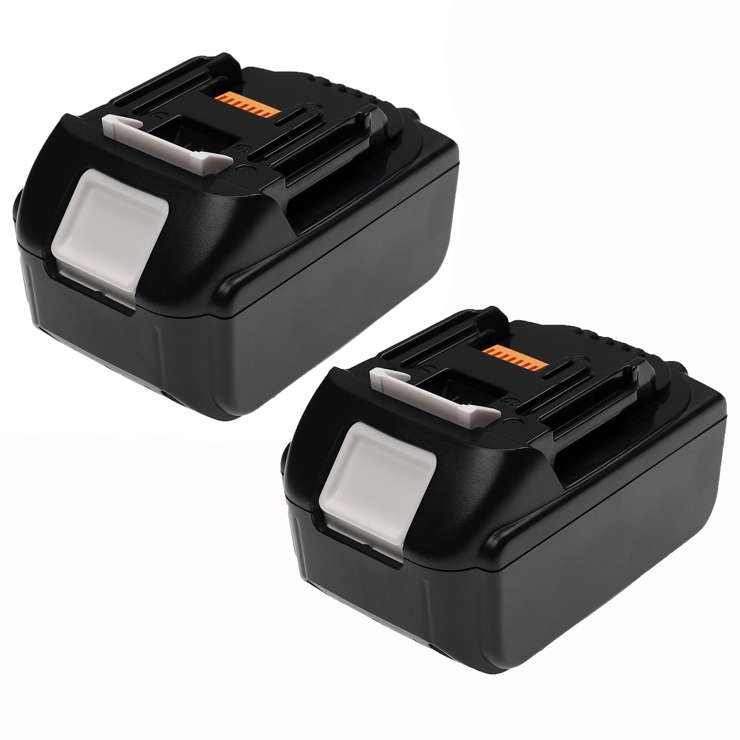 Zwei schwarze Akkus für Elektrowerkzeuge vor weißem Hintergrund. Jeder hat einen weißen Knopf und orangefarbene Akzente.